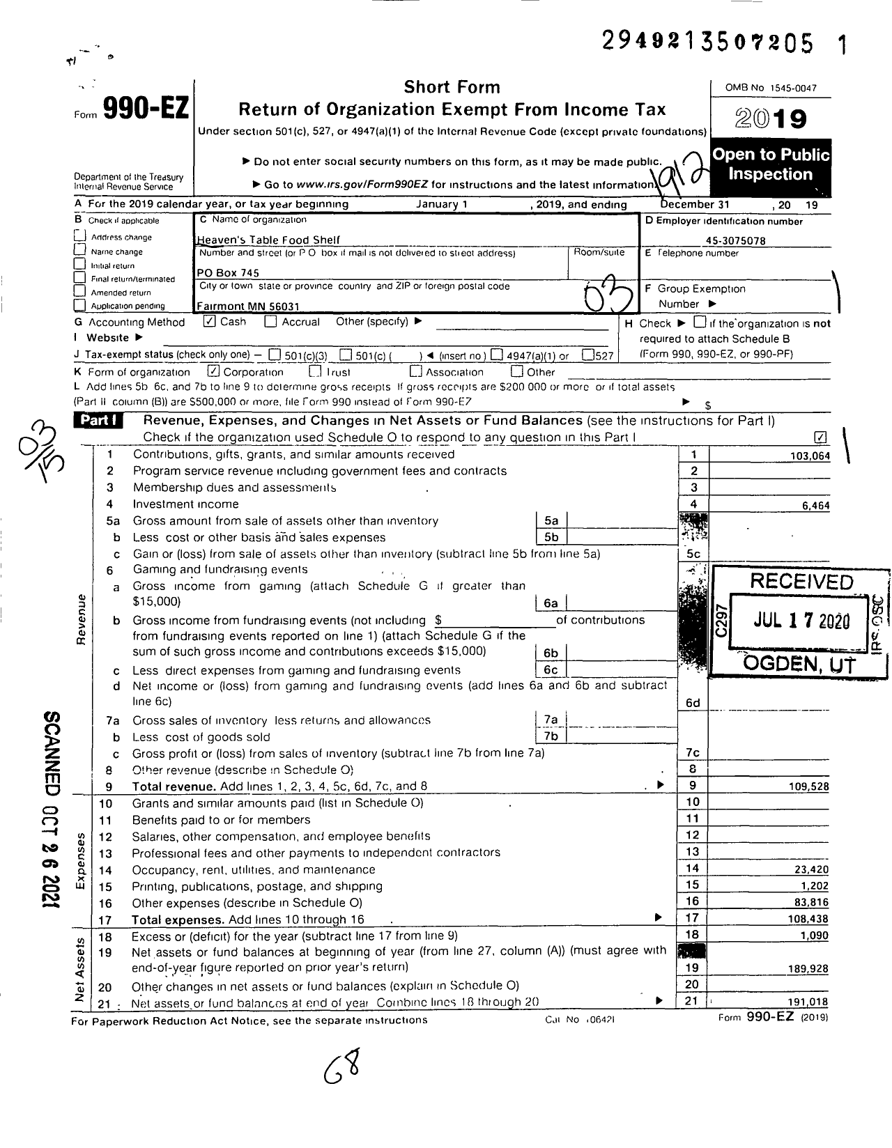 Image of first page of 2019 Form 990EZ for Heavens Table Food Shelf