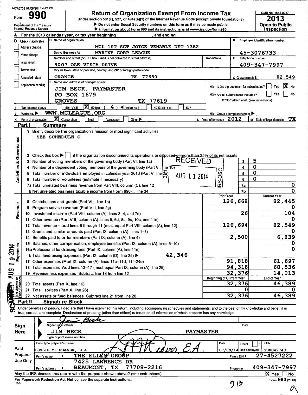 Image of first page of 2013 Form 990O for Marine Corps League - 1382 MCL 1st SGT Joyce Venable Deta