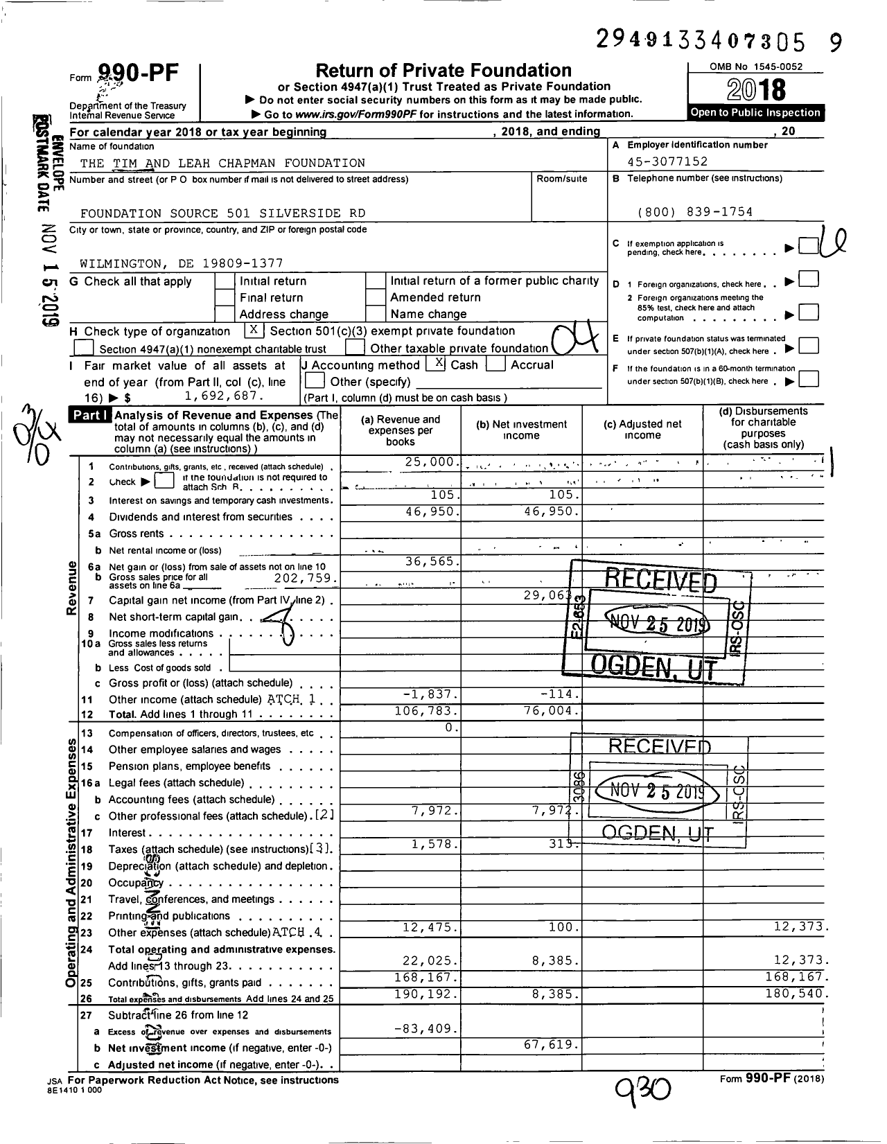 Image of first page of 2018 Form 990PF for The Tim and Leah Chapman Foundation