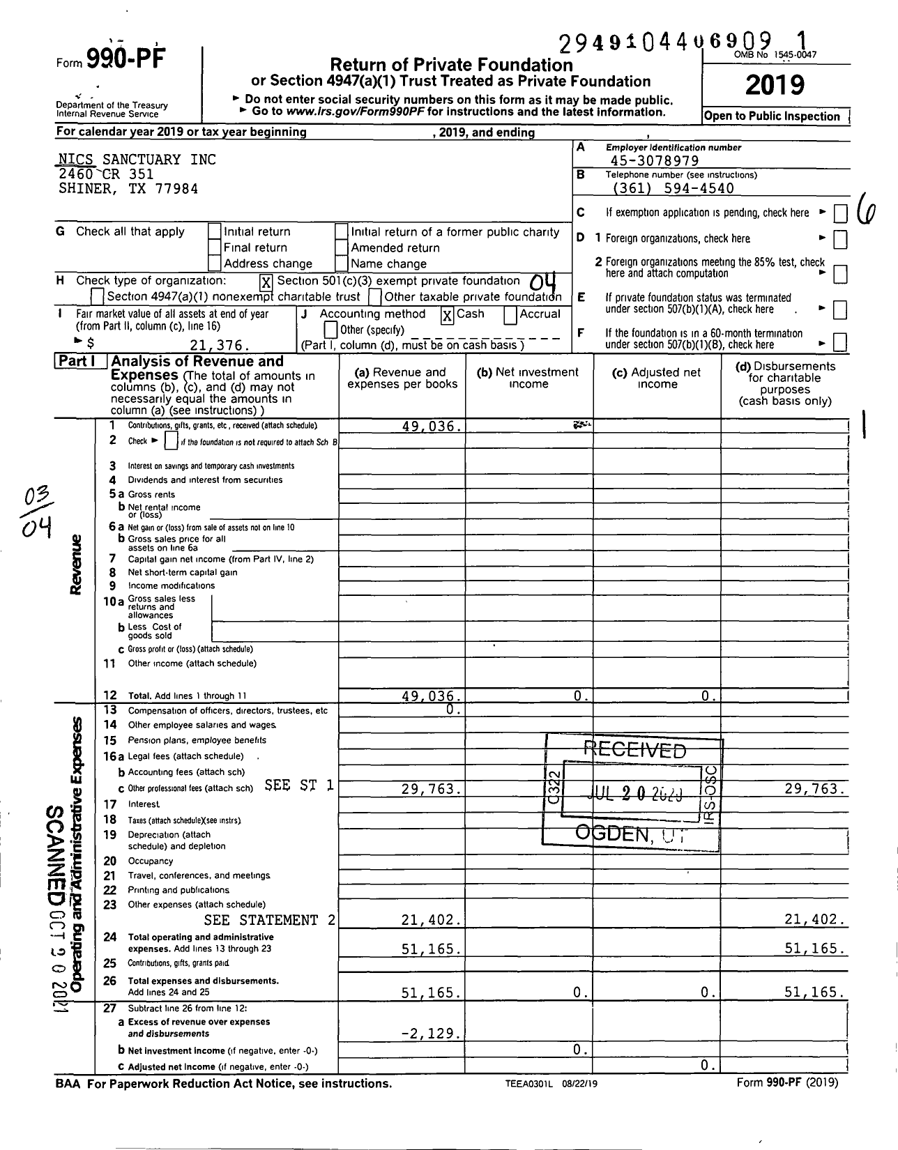 Image of first page of 2019 Form 990PF for Nics Sanctuary