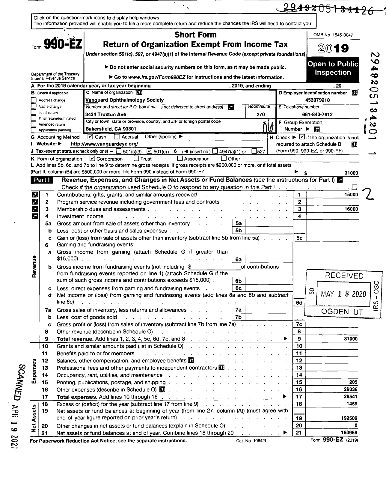 Image of first page of 2019 Form 990EO for Vanguard Ophthalmology Society