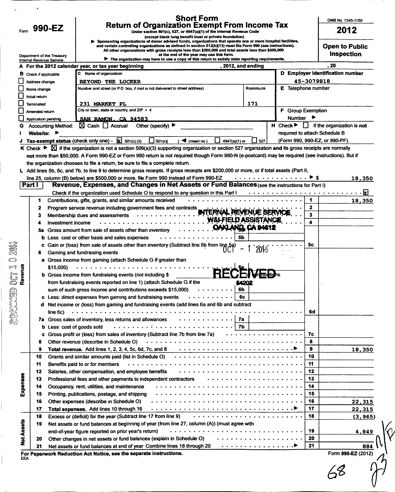 Image of first page of 2012 Form 990EZ for Beyond the Locker