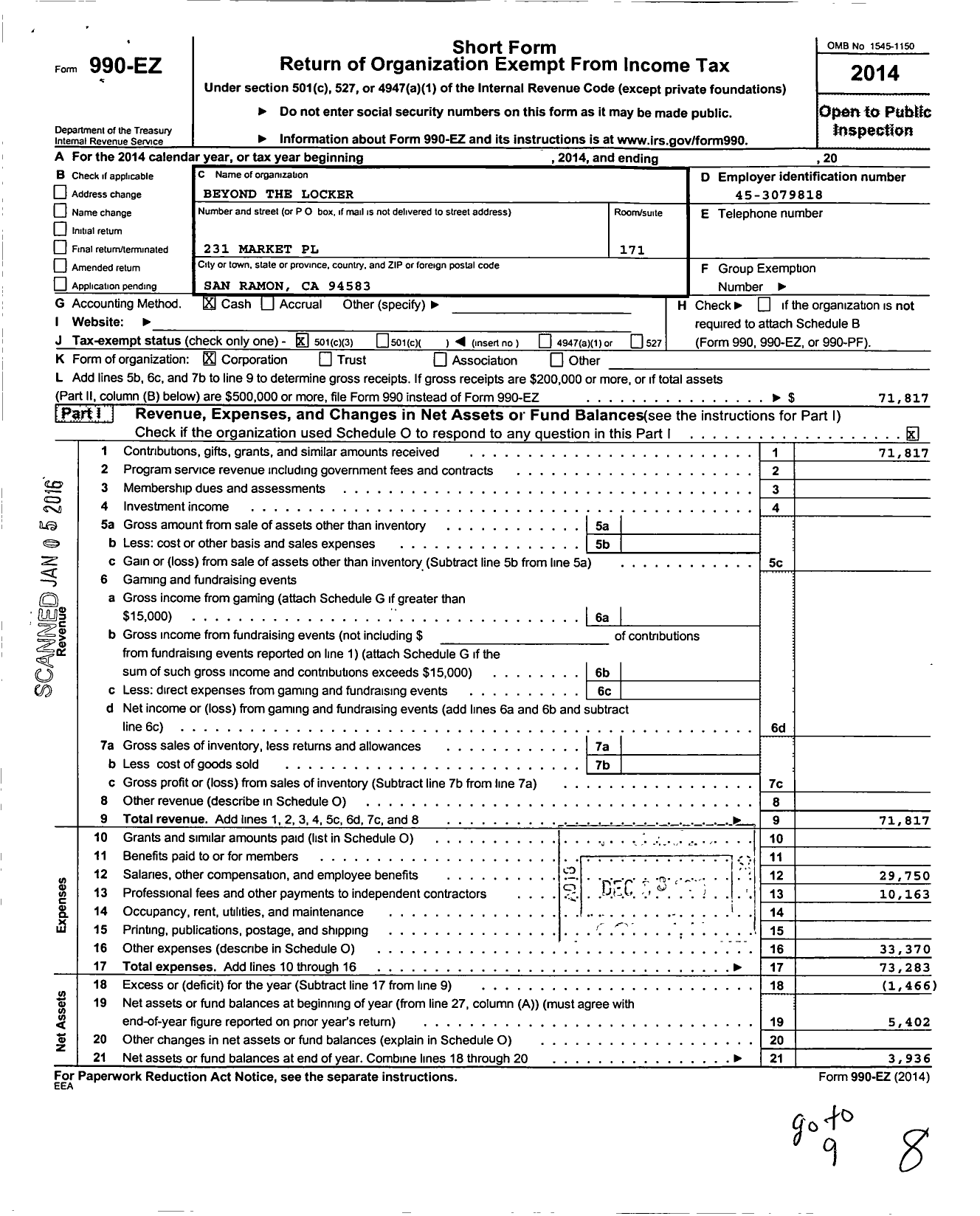 Image of first page of 2014 Form 990EZ for Beyond the Locker