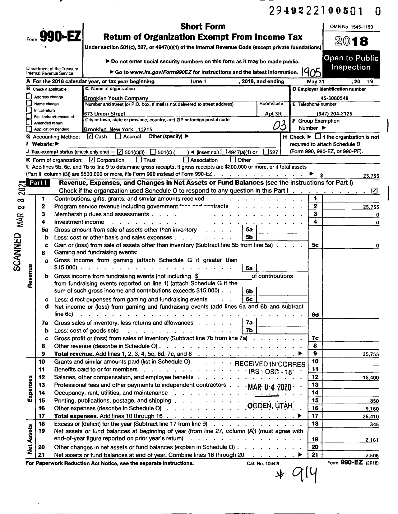 Image of first page of 2018 Form 990EZ for Brooklyn Youth Company