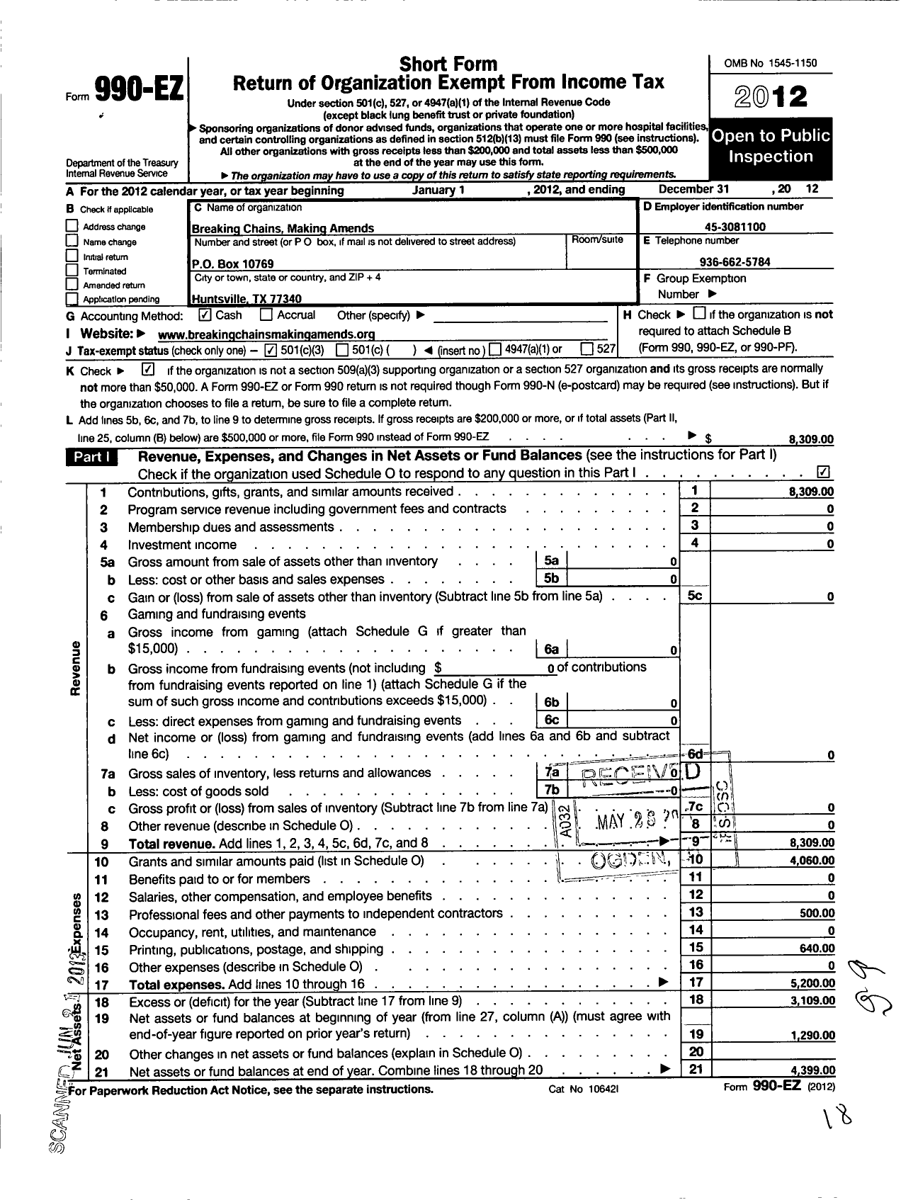 Image of first page of 2012 Form 990EZ for Breaking Chains Making Amends A Texas Non-Profit Corporation