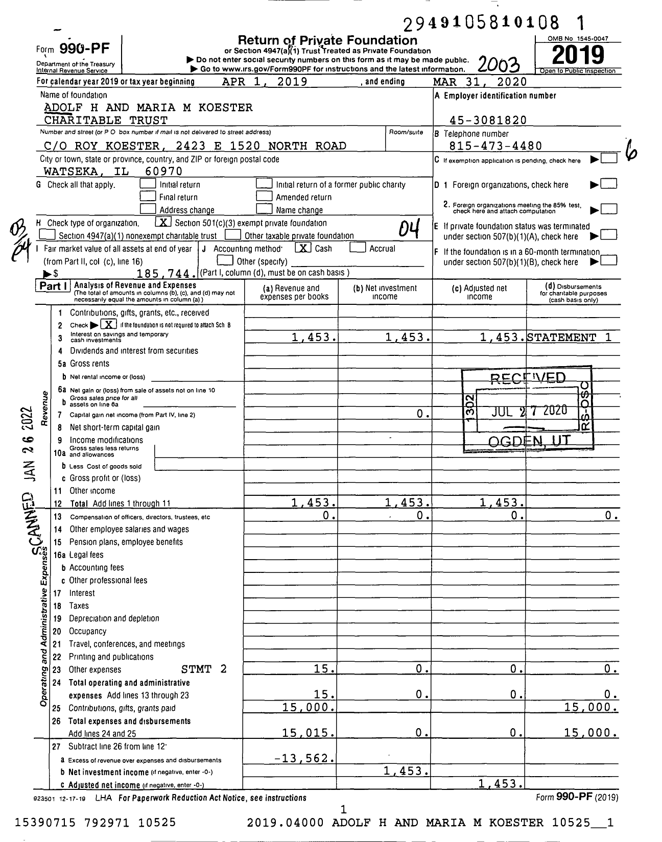 Image of first page of 2019 Form 990PF for Adolf H and Maria M Koester Charitable Trust