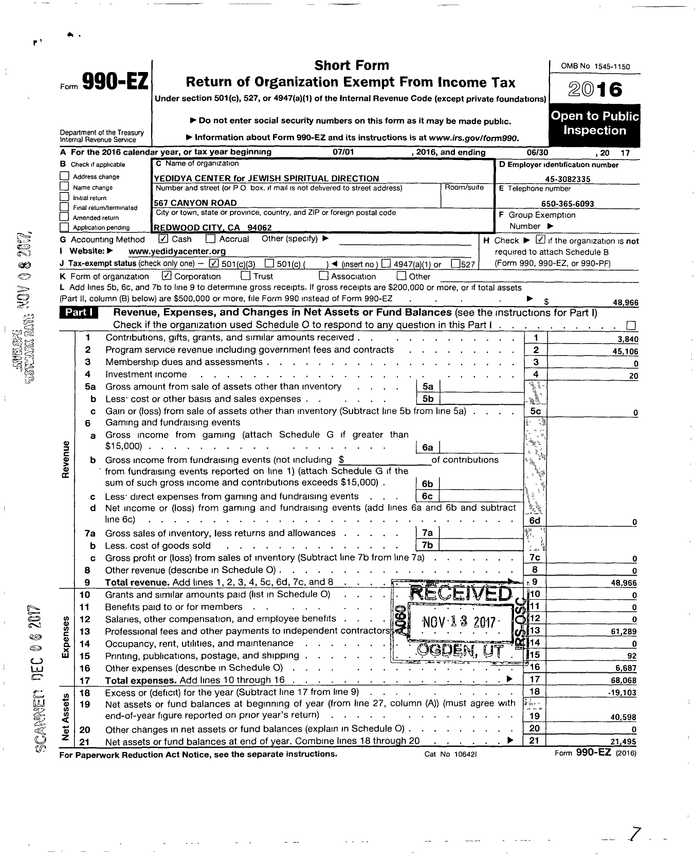 Image of first page of 2016 Form 990EZ for Yedidya Center for Jewish Spiritual Direction