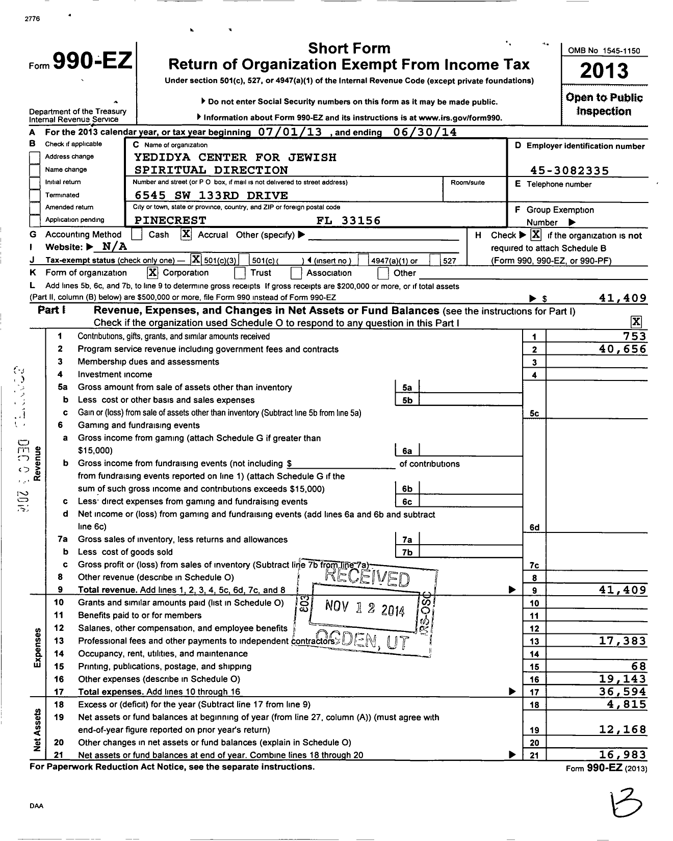 Image of first page of 2013 Form 990EZ for Yedidya Center for Jewish Spiritual Direction