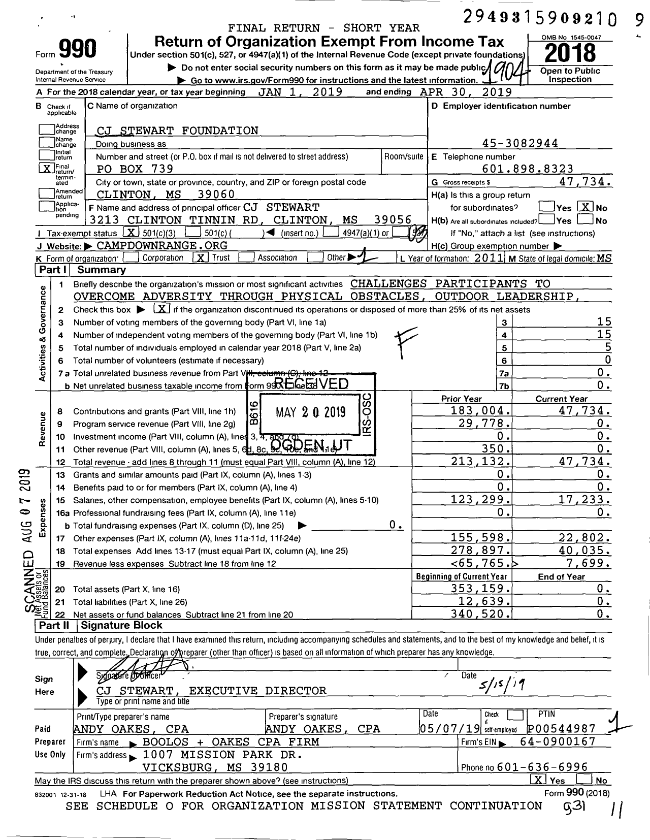 Image of first page of 2018 Form 990 for CJ Stewart Foundation