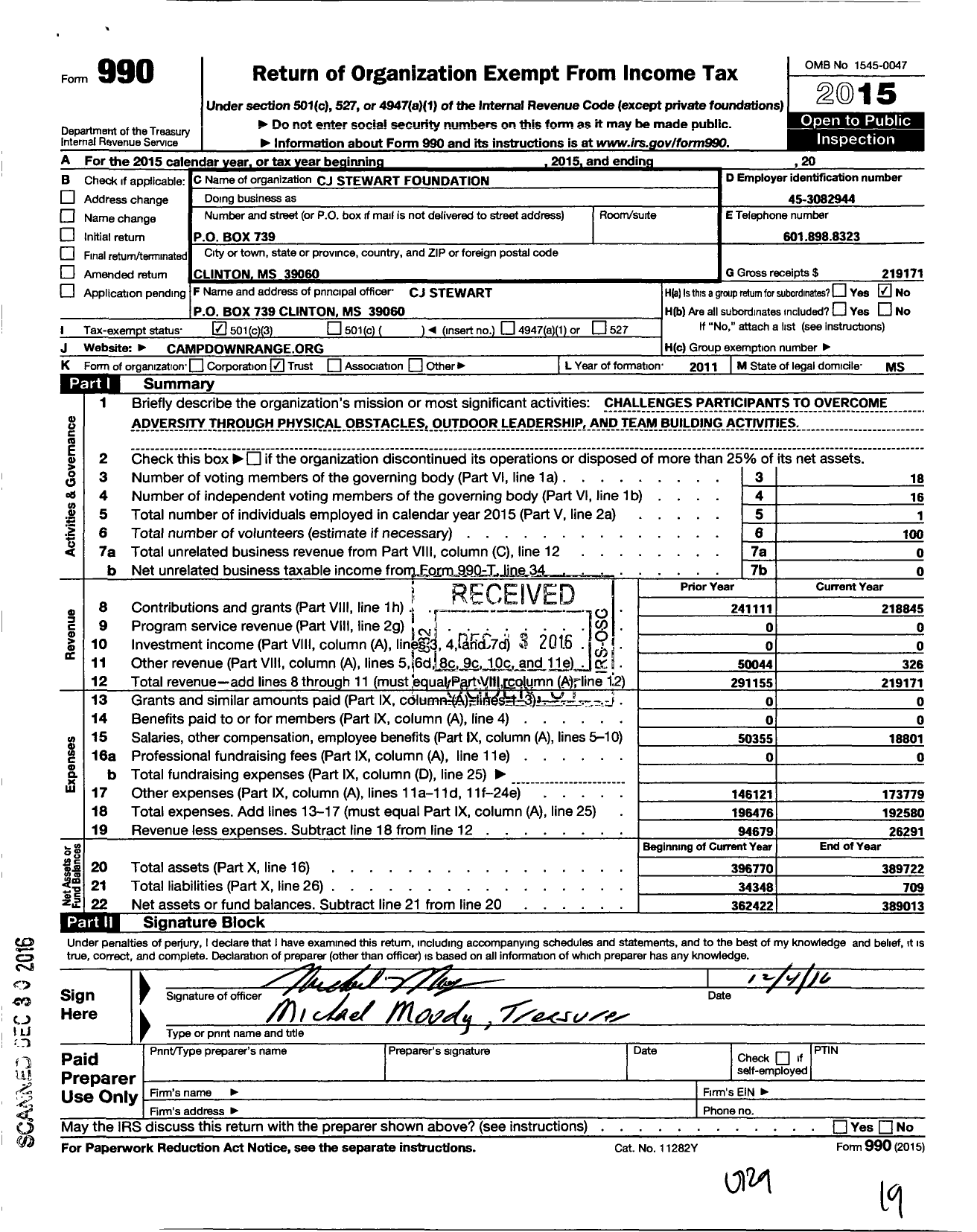 Image of first page of 2015 Form 990 for CJ Stewart Foundation