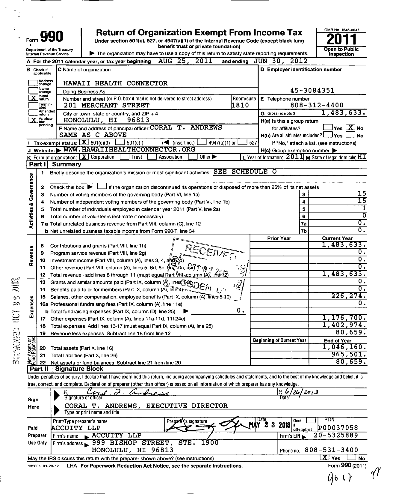 Image of first page of 2011 Form 990 for Hawaii Health Connector