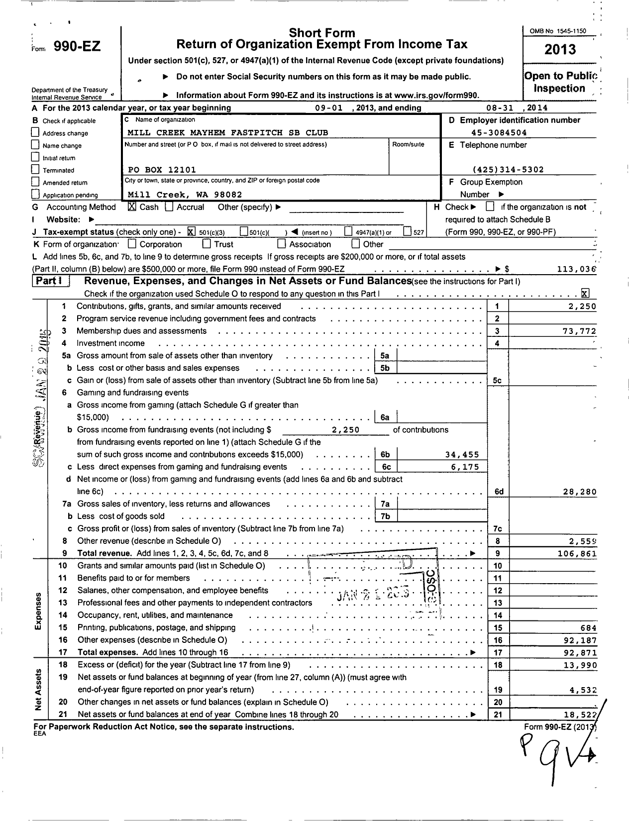 Image of first page of 2013 Form 990EZ for Mill Creek Mayhem Fastpitch Softball Club