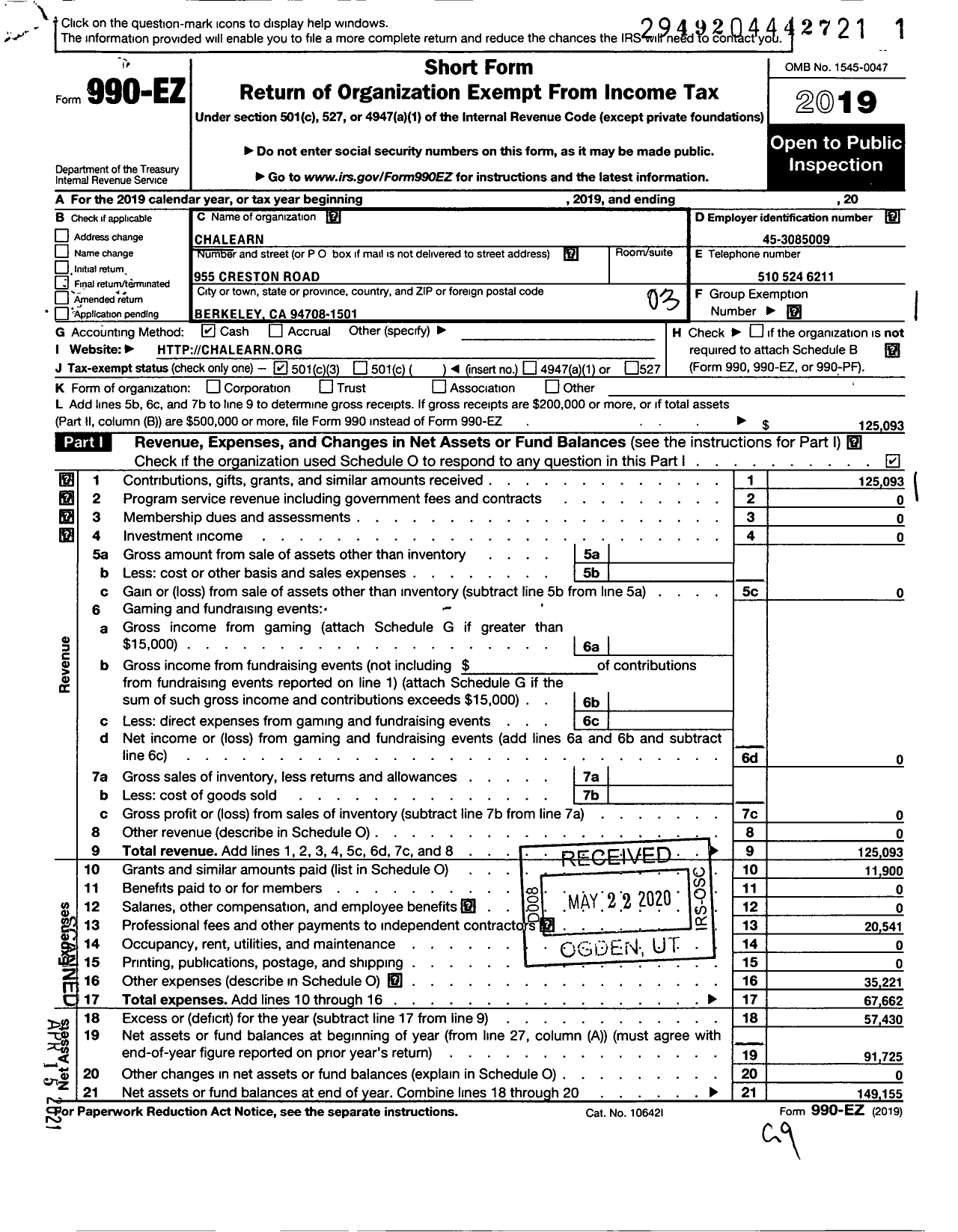 Image of first page of 2019 Form 990EZ for ChaLearn