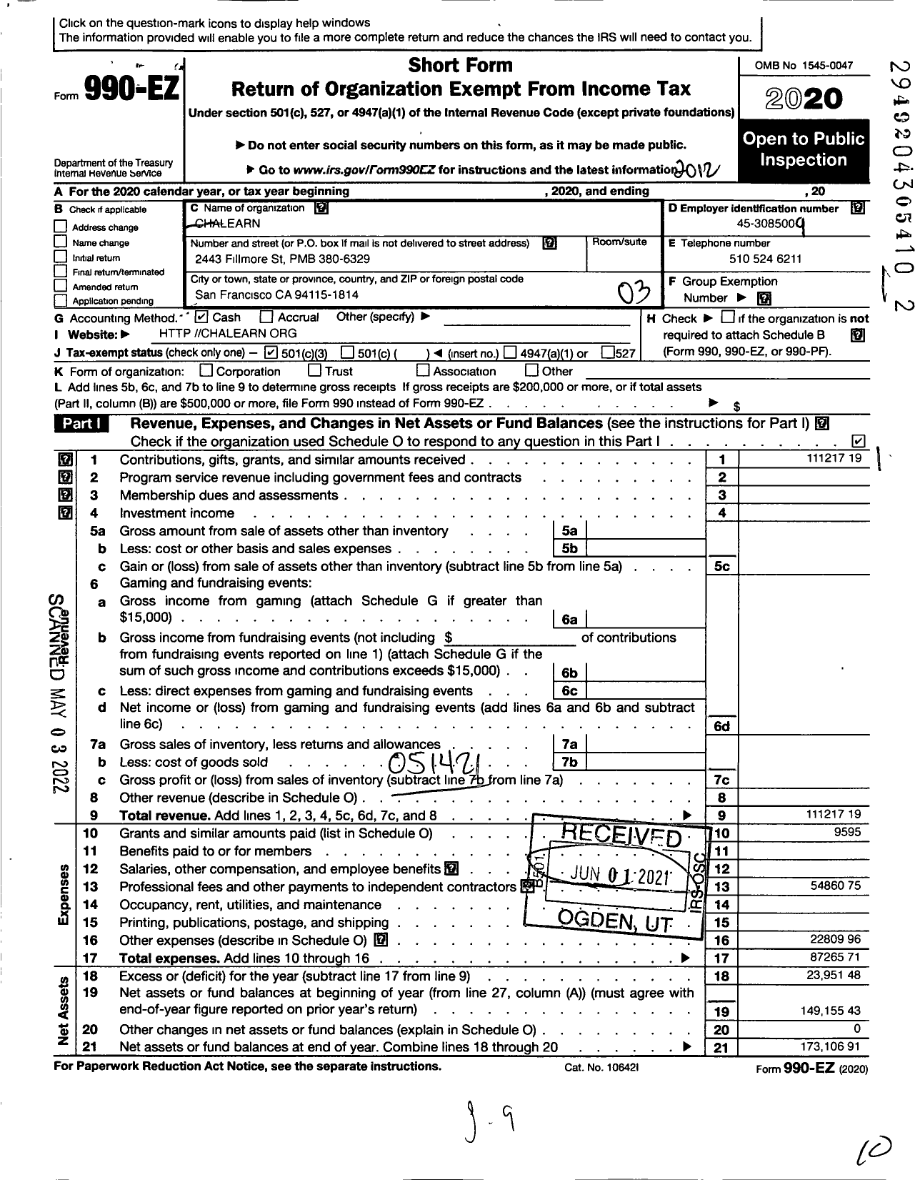 Image of first page of 2020 Form 990EZ for ChaLearn