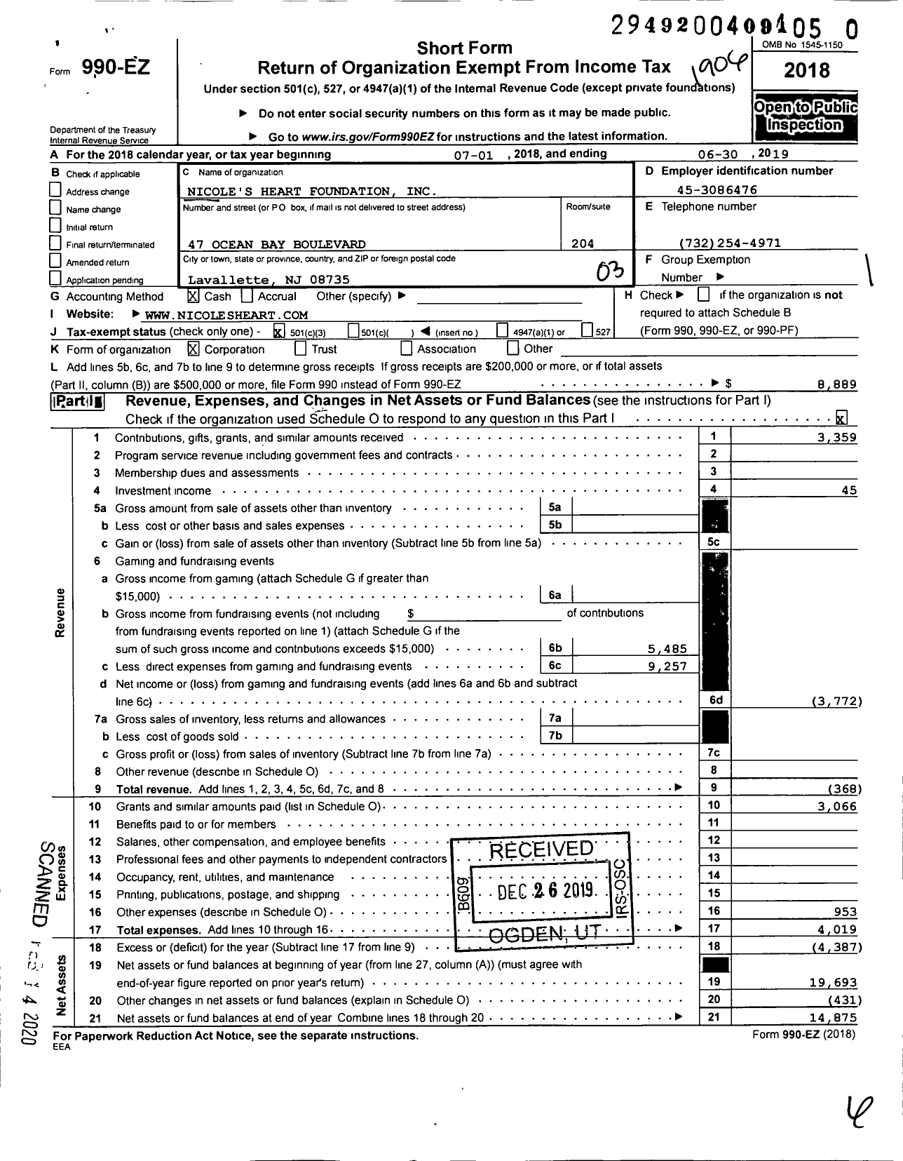 Image of first page of 2018 Form 990EZ for Nicoles Heart Foundation