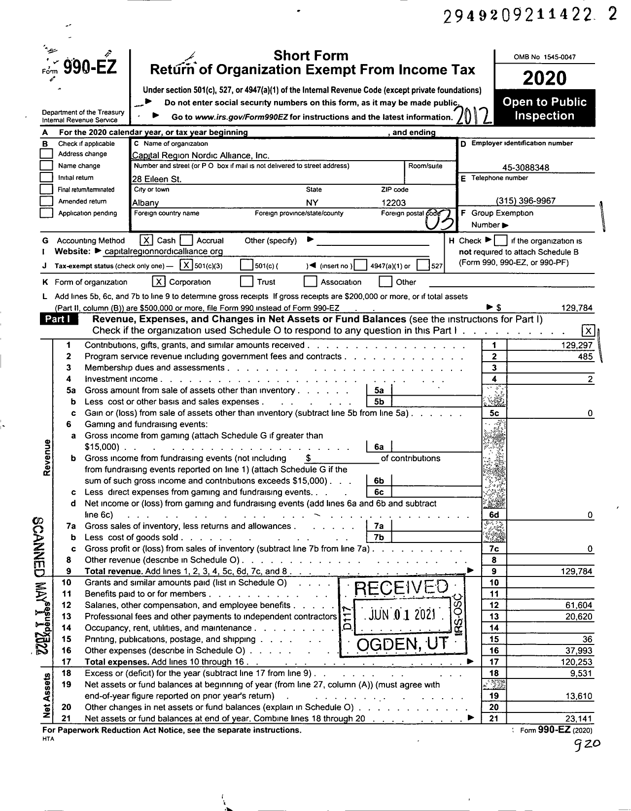 Image of first page of 2020 Form 990EZ for Capital Region Nordic Association