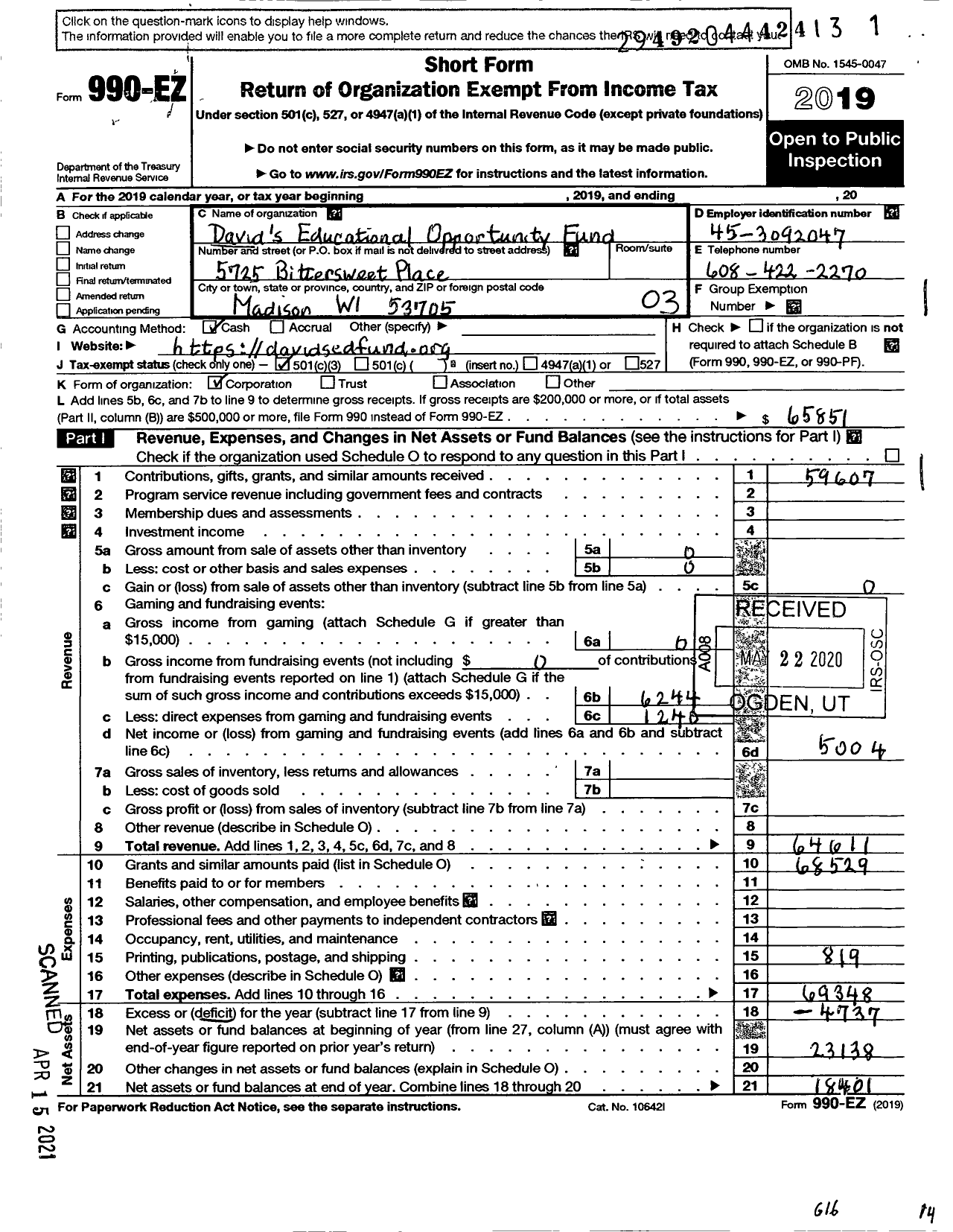 Image of first page of 2019 Form 990EZ for Davids Educational Opportunity Fund