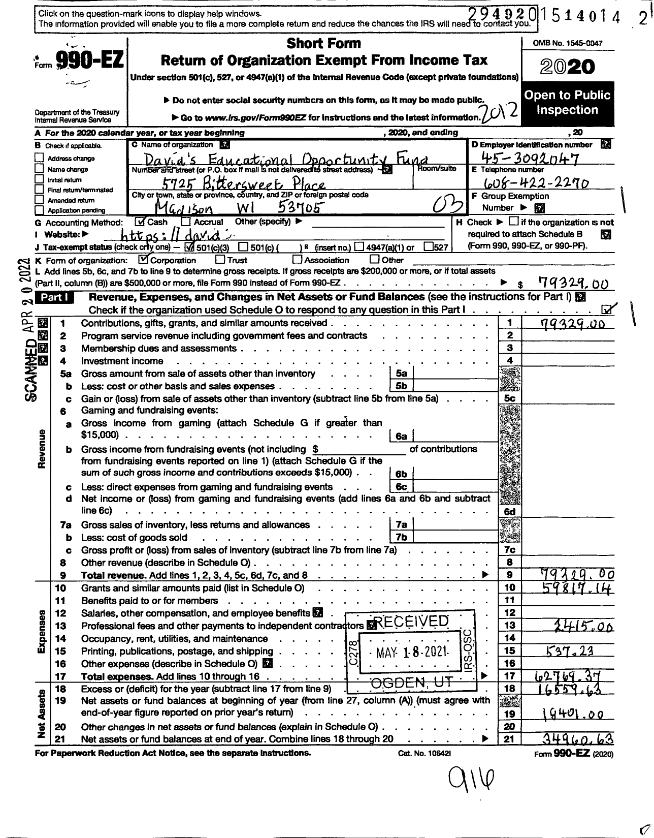 Image of first page of 2020 Form 990EZ for Davids Educational Opportunity Fund