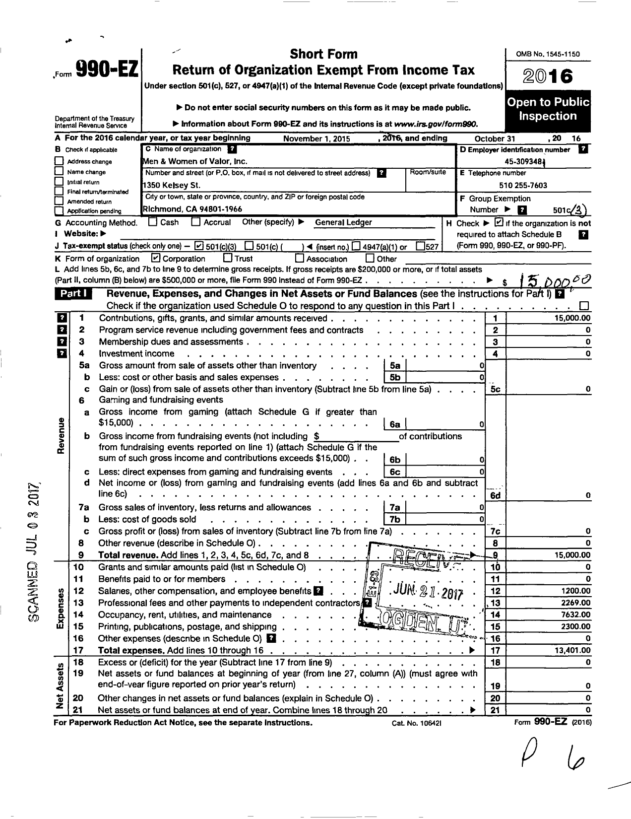 Image of first page of 2015 Form 990EZ for Men and Women of Valor