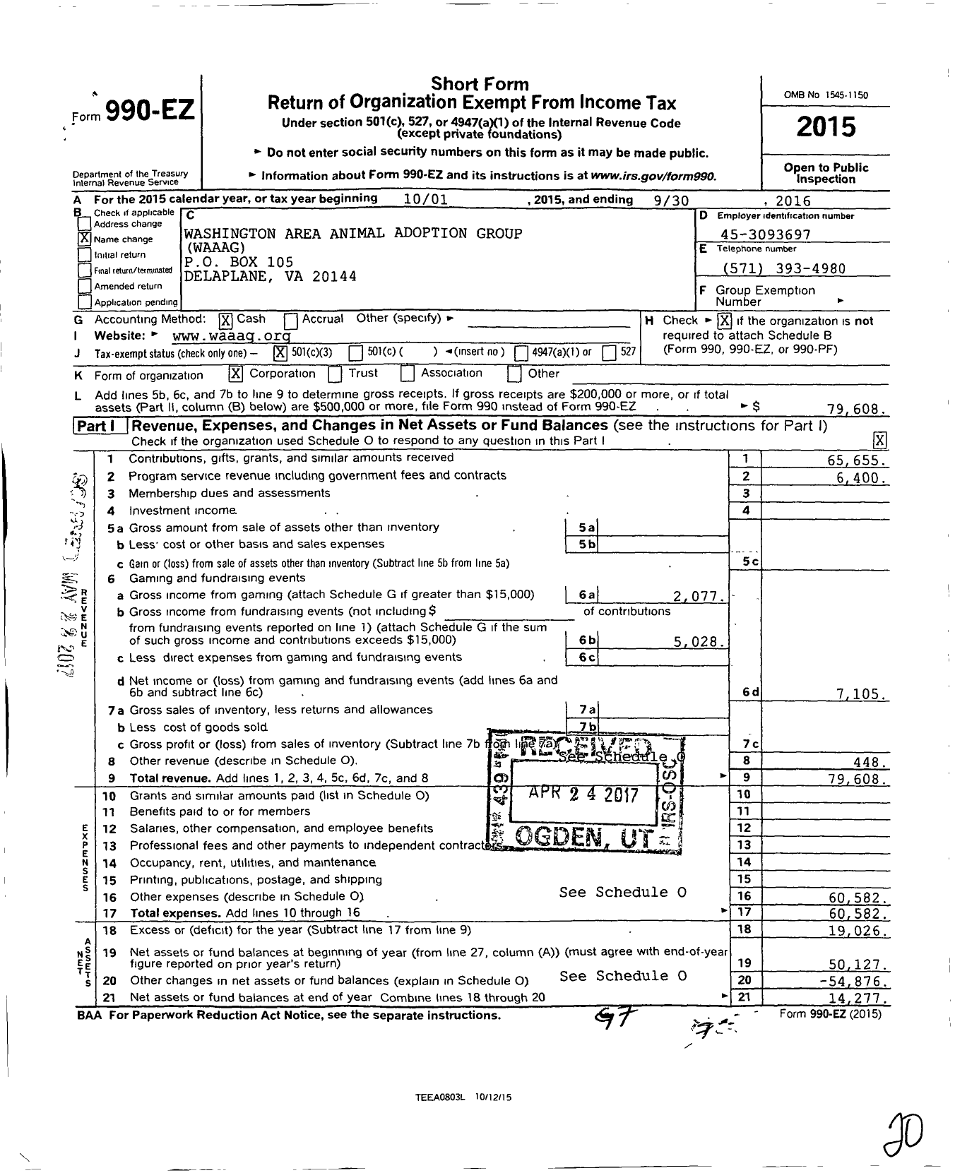 Image of first page of 2015 Form 990EZ for Washington Area Animal Adoption Group (WAAAG)