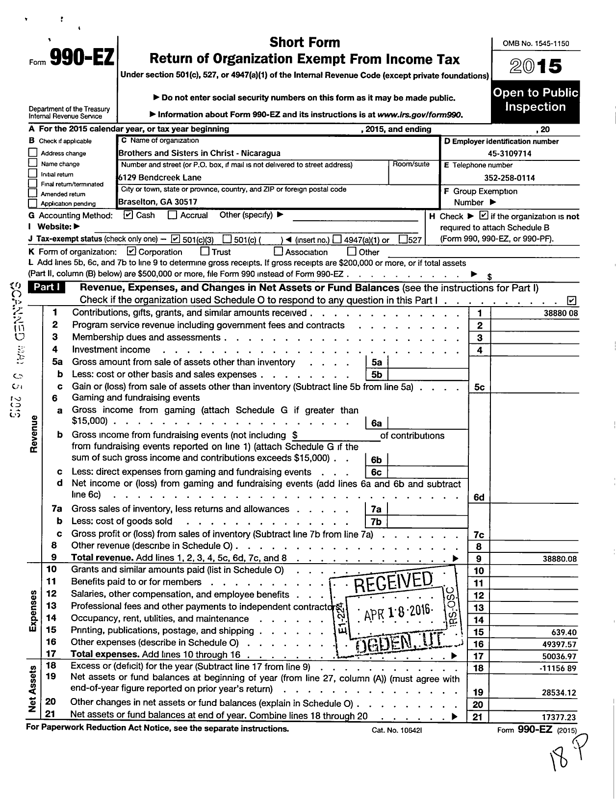 Image of first page of 2015 Form 990EZ for Brothers and Sisters in Christ- Nicaragua (BASIC)