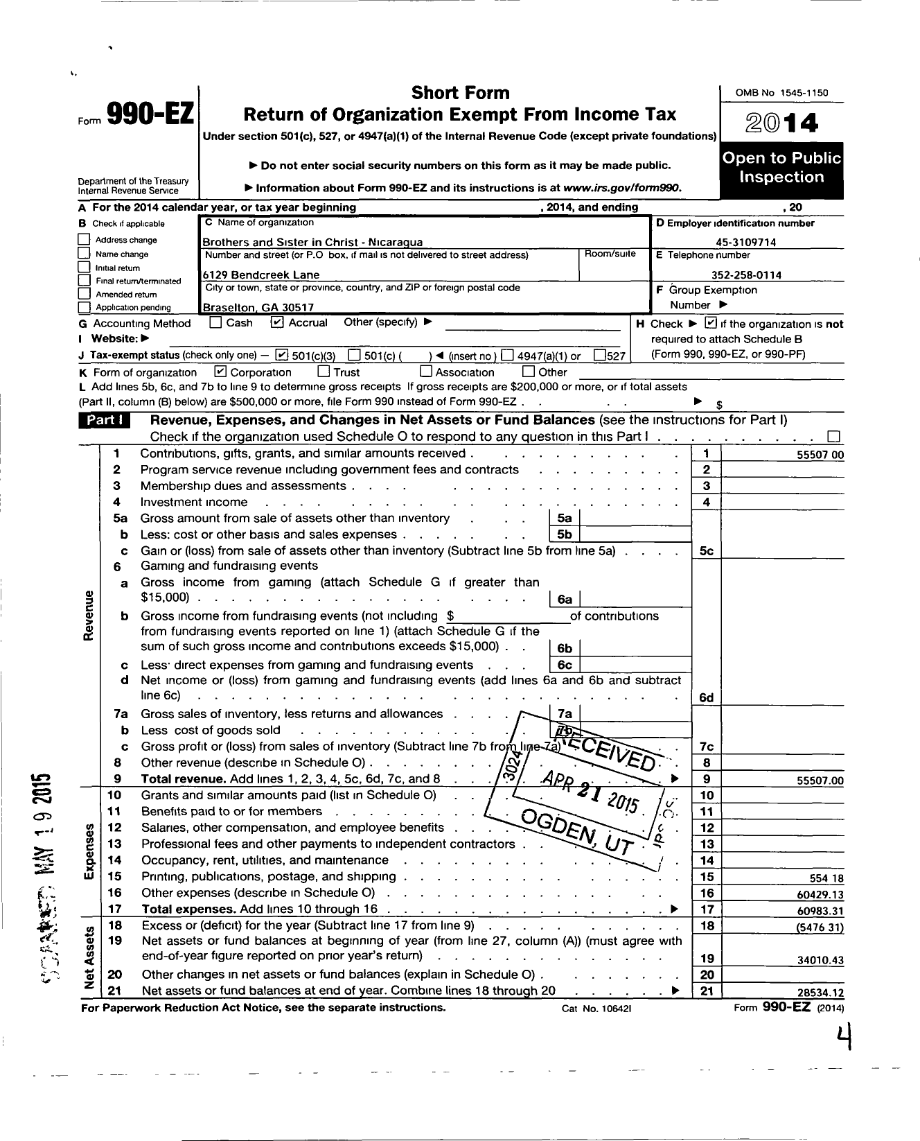 Image of first page of 2014 Form 990EZ for Brothers and Sisters in Christ- Nicaragua (BASIC)