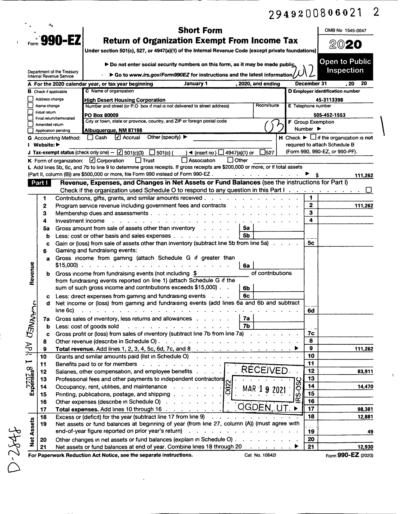 Image of first page of 2020 Form 990EZ for High Desert Housing Corporation