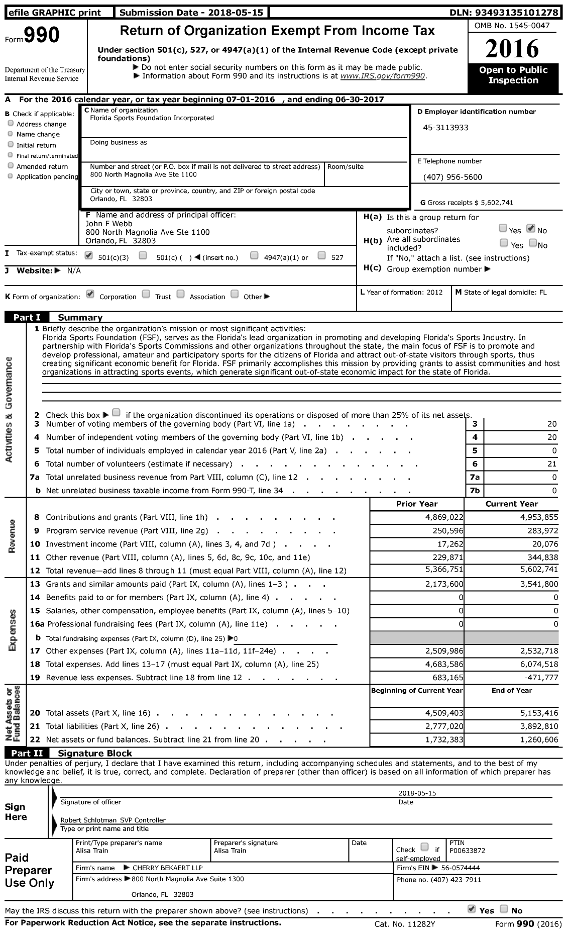 Image of first page of 2016 Form 990 for Florida Sports Foundation Incorporated