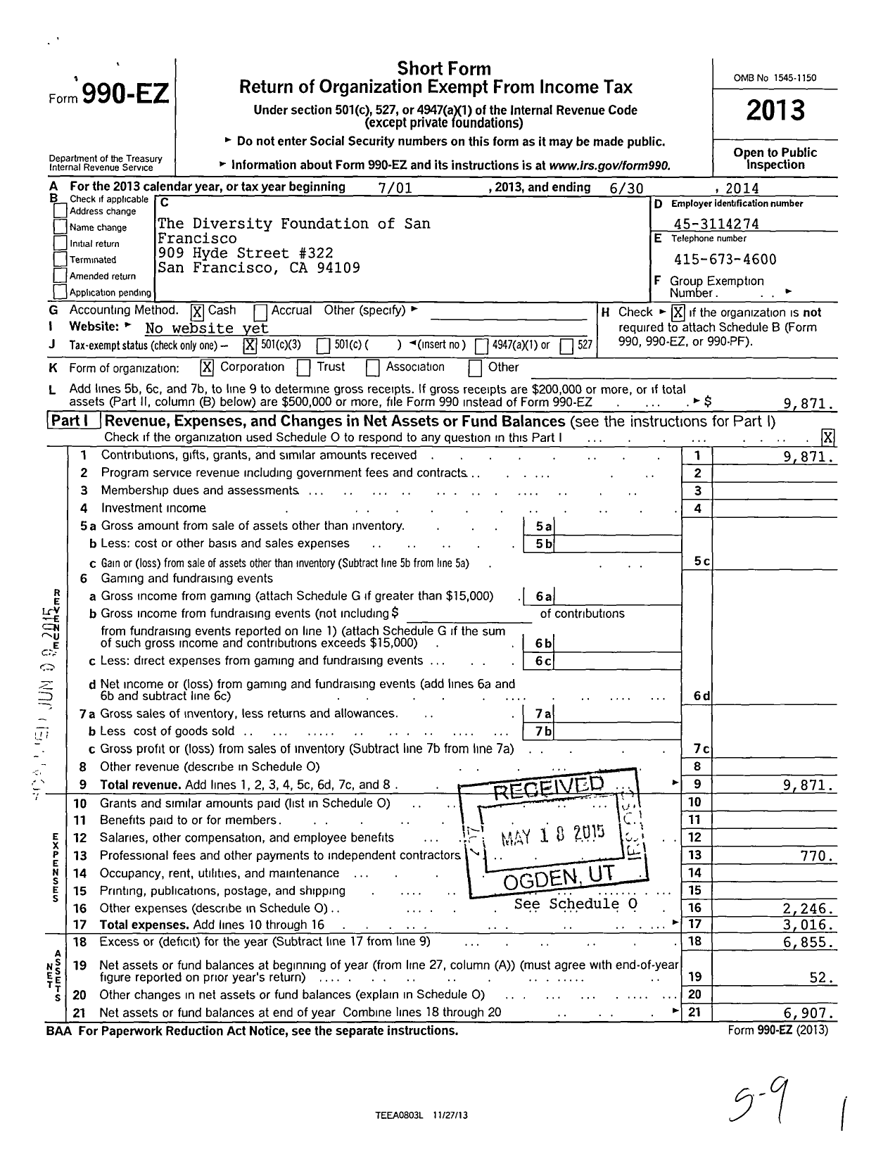 Image of first page of 2013 Form 990EZ for The Diversity Foundation of San Francisco