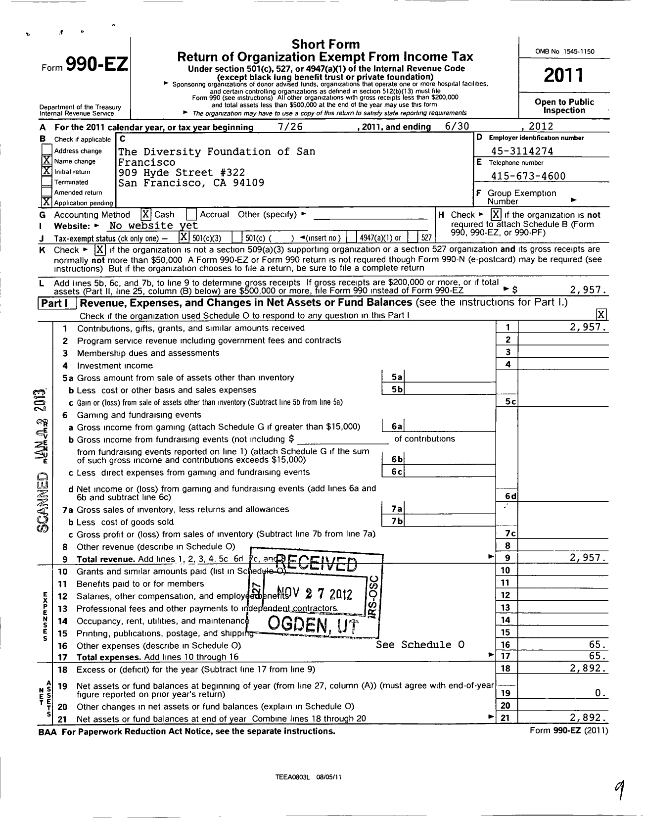 Image of first page of 2011 Form 990EZ for The Diversity Foundation of San Francisco