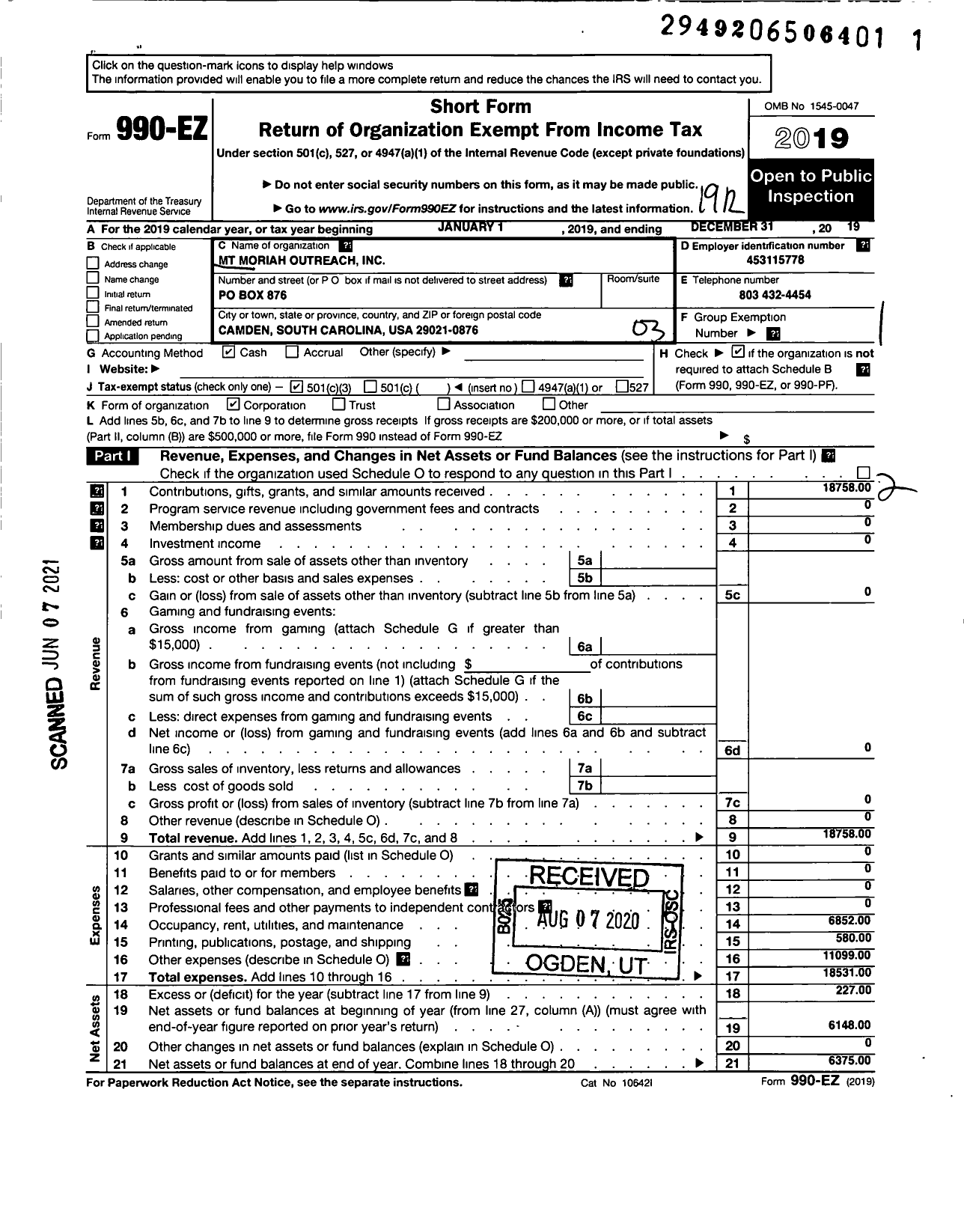 Image of first page of 2019 Form 990EZ for MT Moriah Outreach