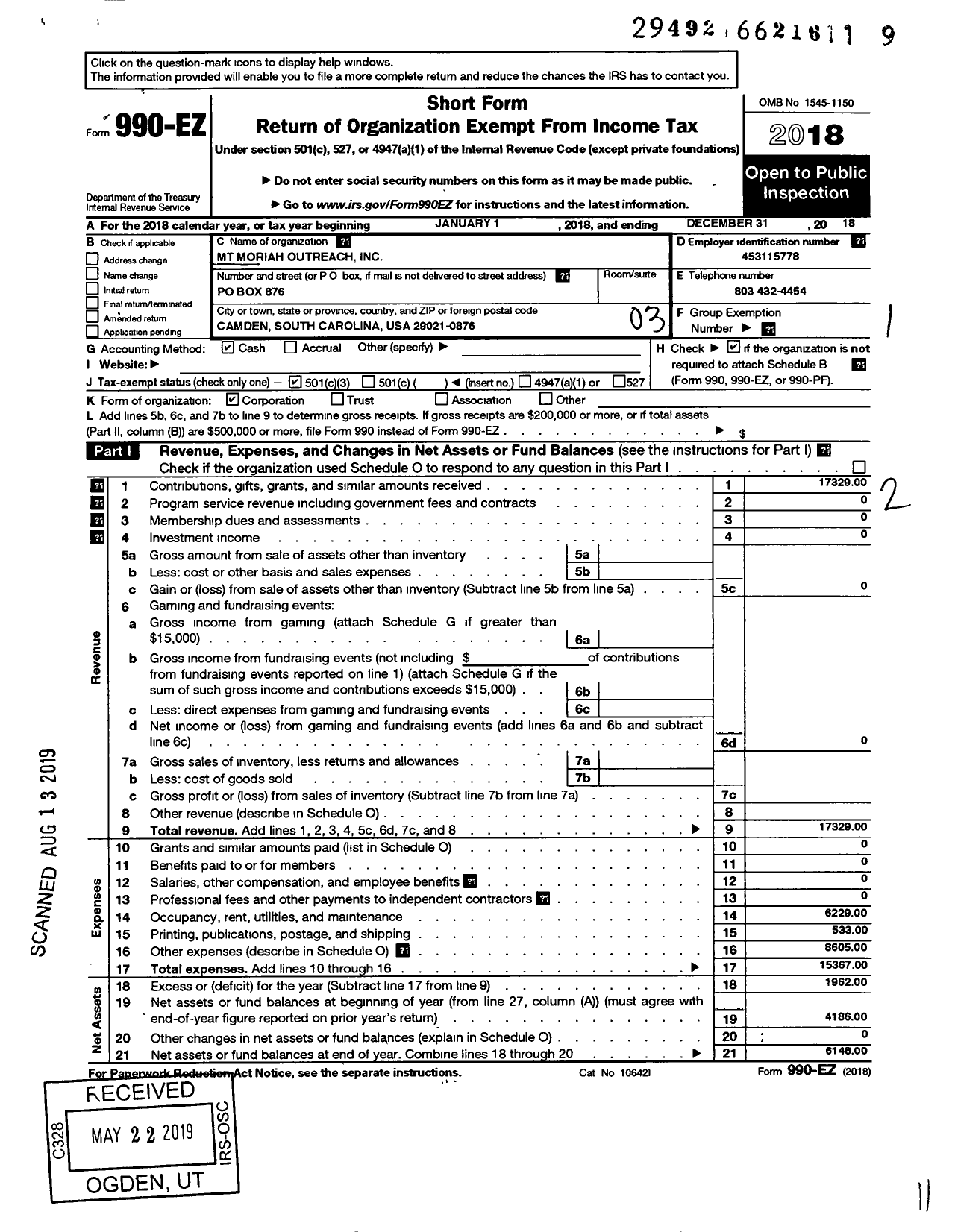 Image of first page of 2018 Form 990EZ for MT Moriah Outreach