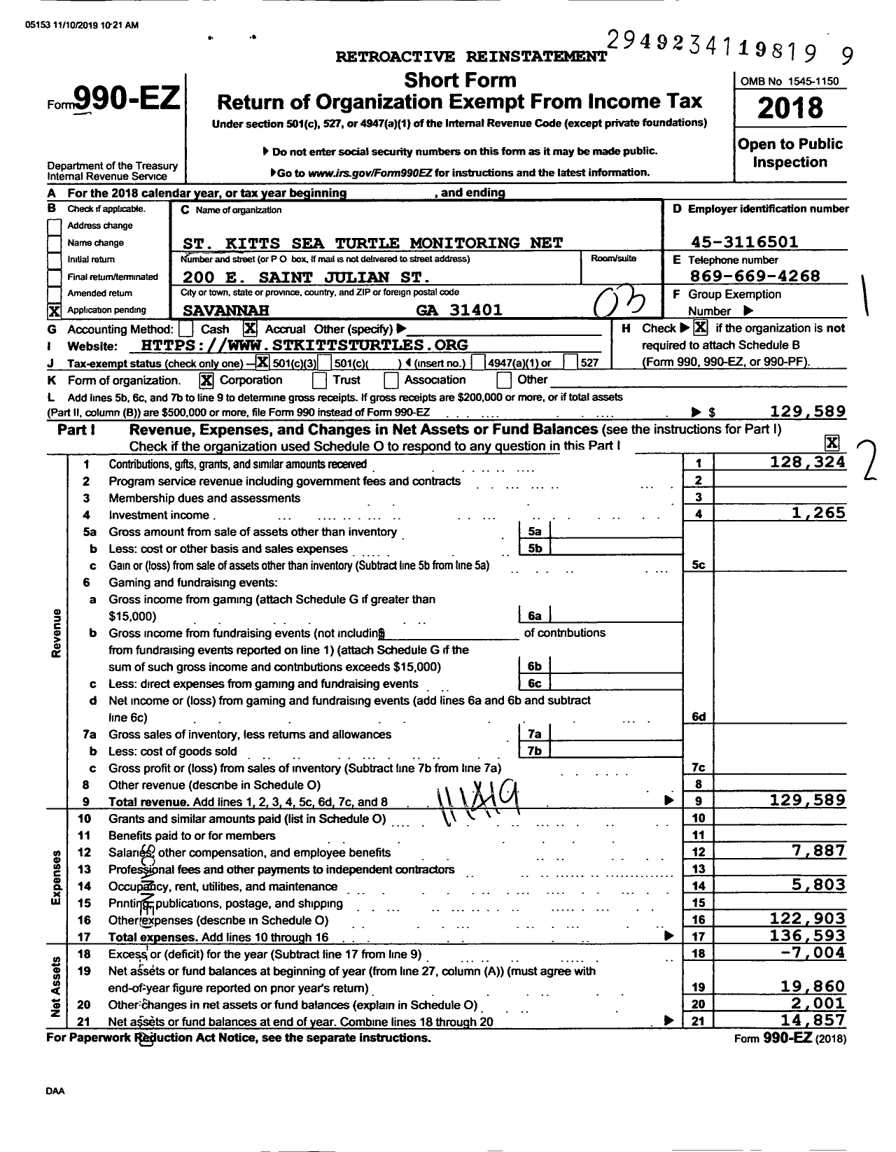 Image of first page of 2018 Form 990EZ for St Kitts Sea Turtle Monitoring Net