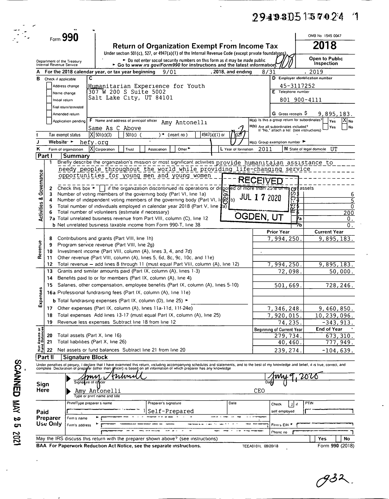 Image of first page of 2018 Form 990 for Humanitarian Experience