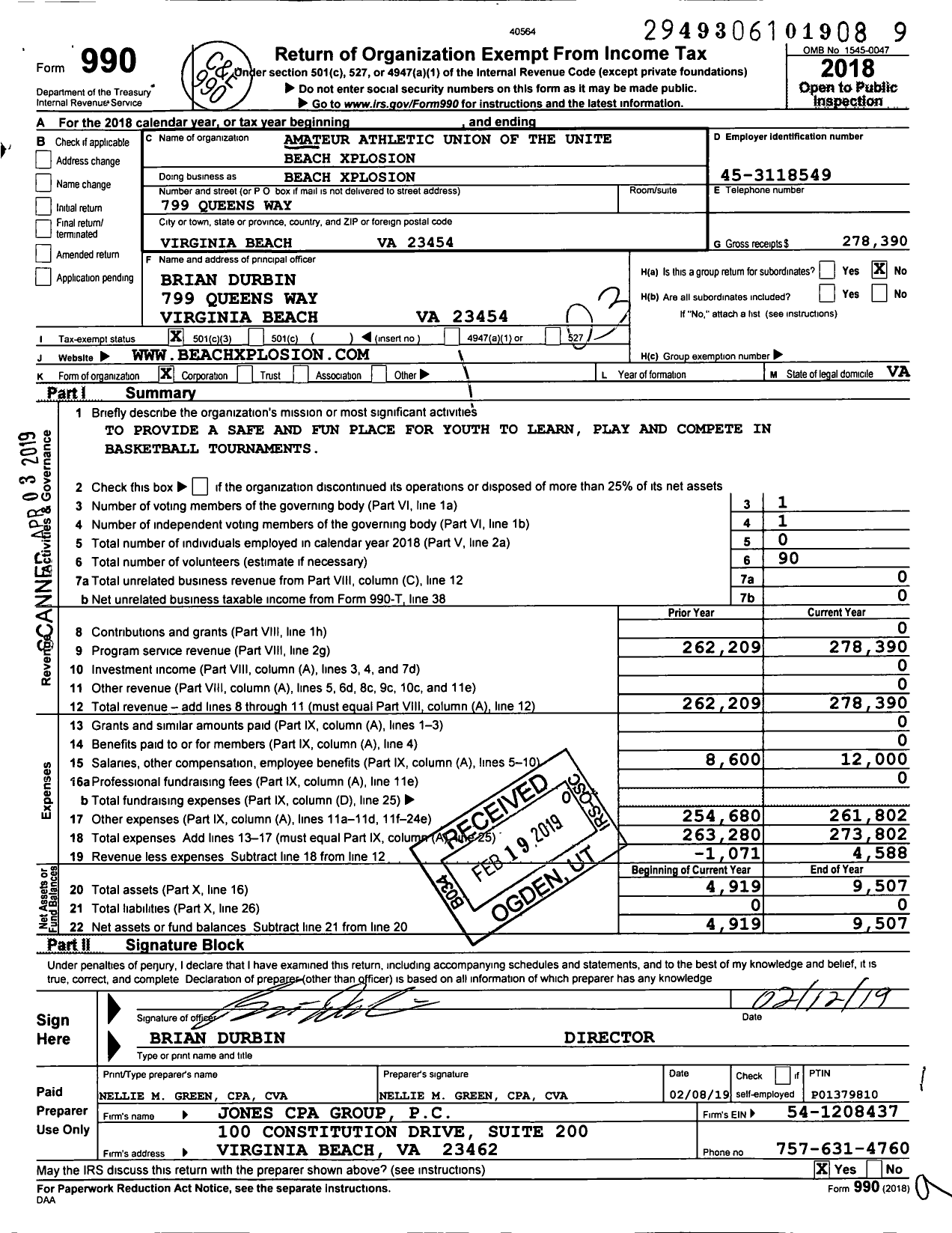 Image of first page of 2018 Form 990 for Amateur Athletic Union - Beach Xplosion