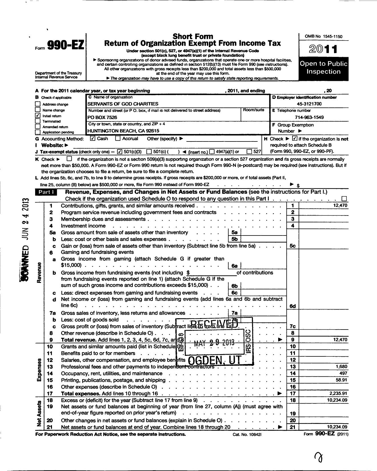 Image of first page of 2011 Form 990EZ for Servants of God Charities