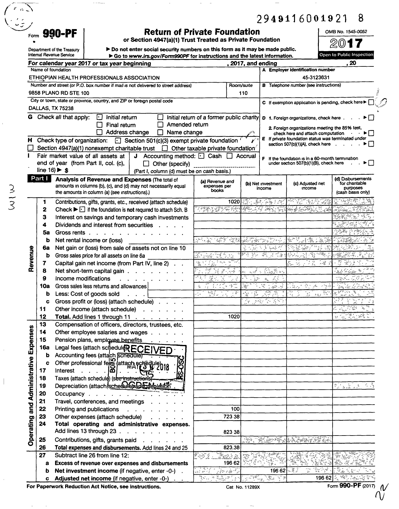 Image of first page of 2017 Form 990PF for Ethiopian Health Professionals Association (EHPA)