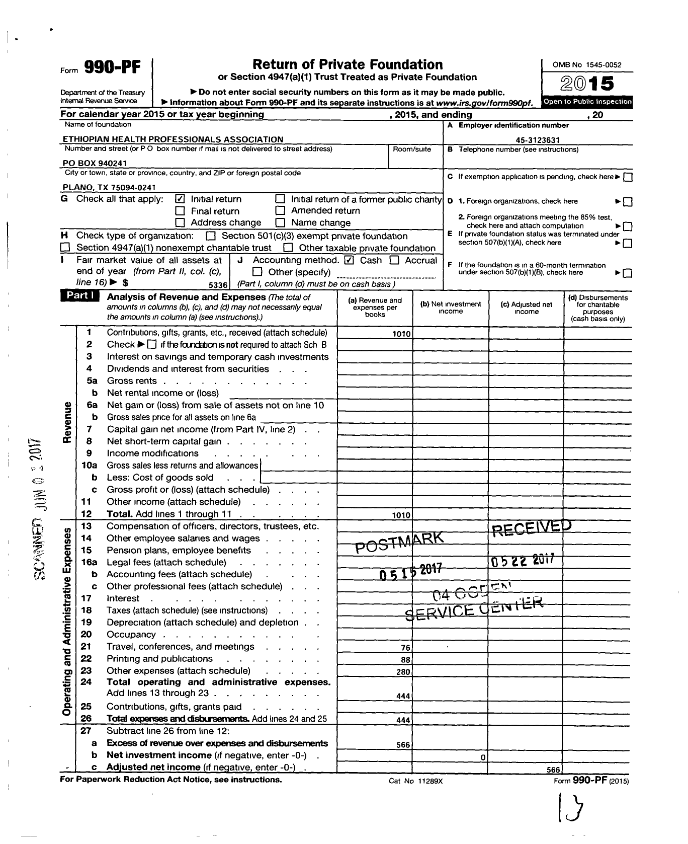 Image of first page of 2015 Form 990PF for Ethiopian Health Professionals Association (EHPA)