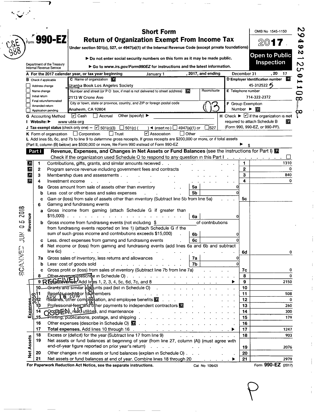 Image of first page of 2017 Form 990EZ for Urantia Book Los Angeles Society (UBLA)