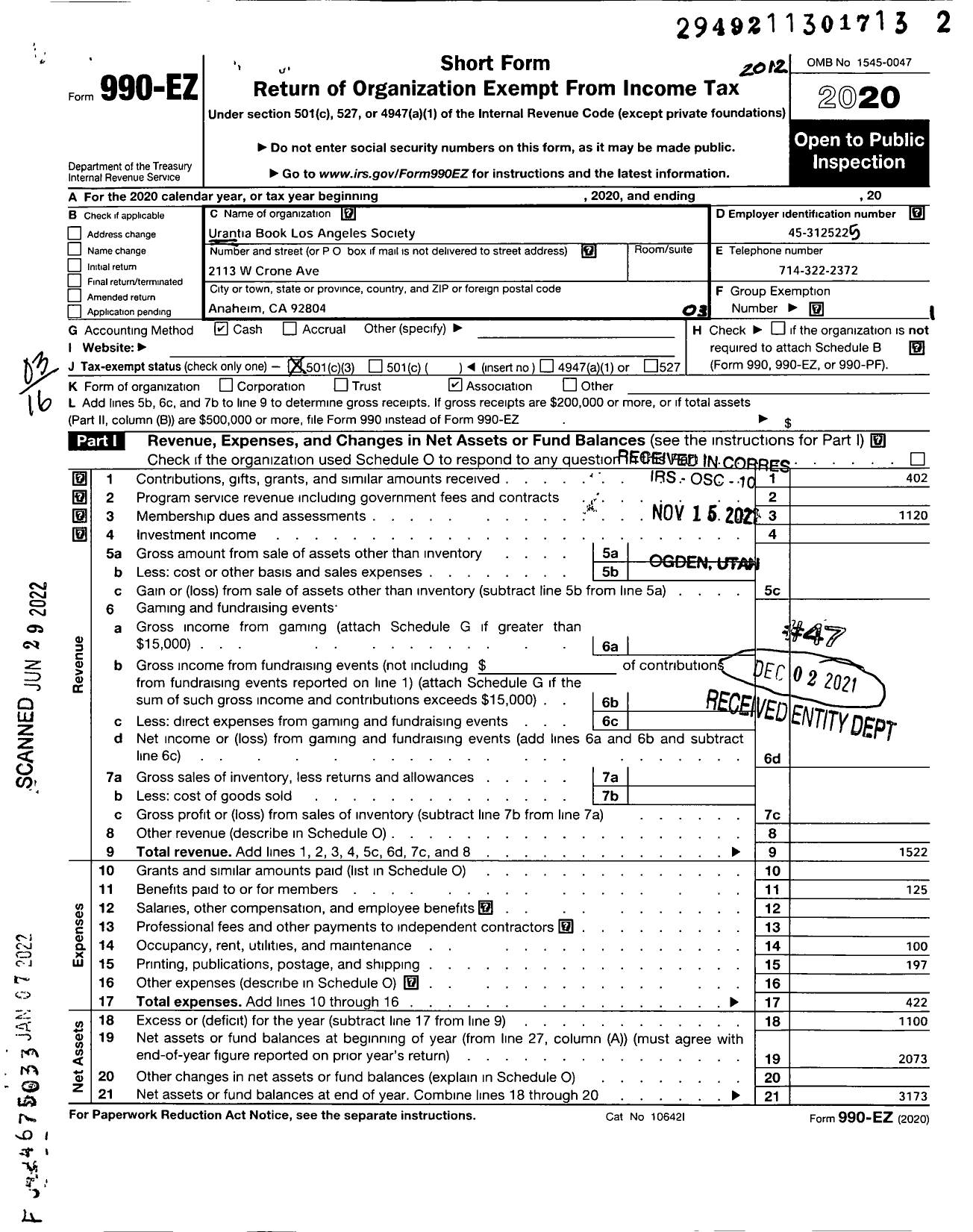 Image of first page of 2020 Form 990EZ for Urantia Book Los Angeles Society (UBLA)