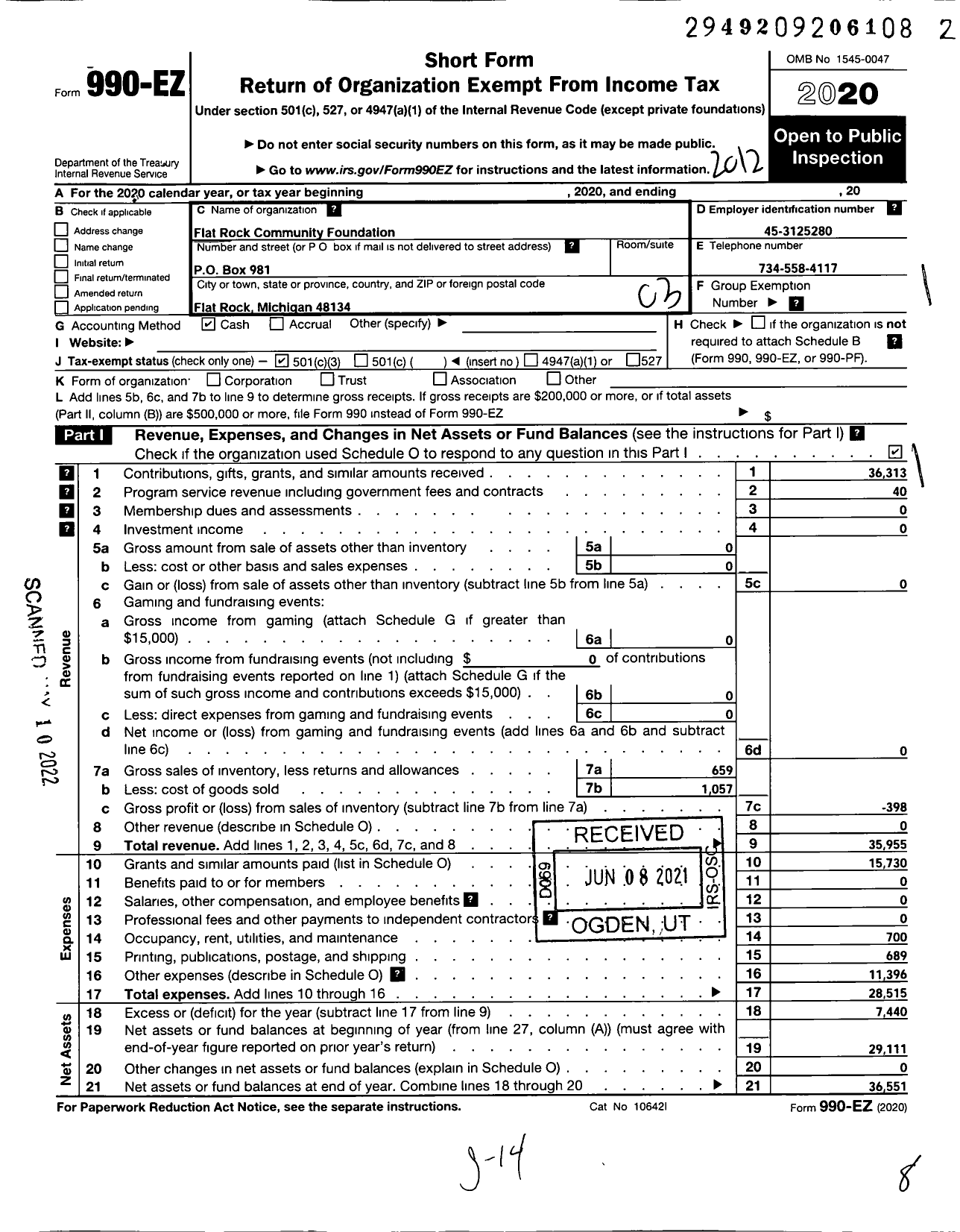 Image of first page of 2020 Form 990EZ for Flat Rock Community Foundation