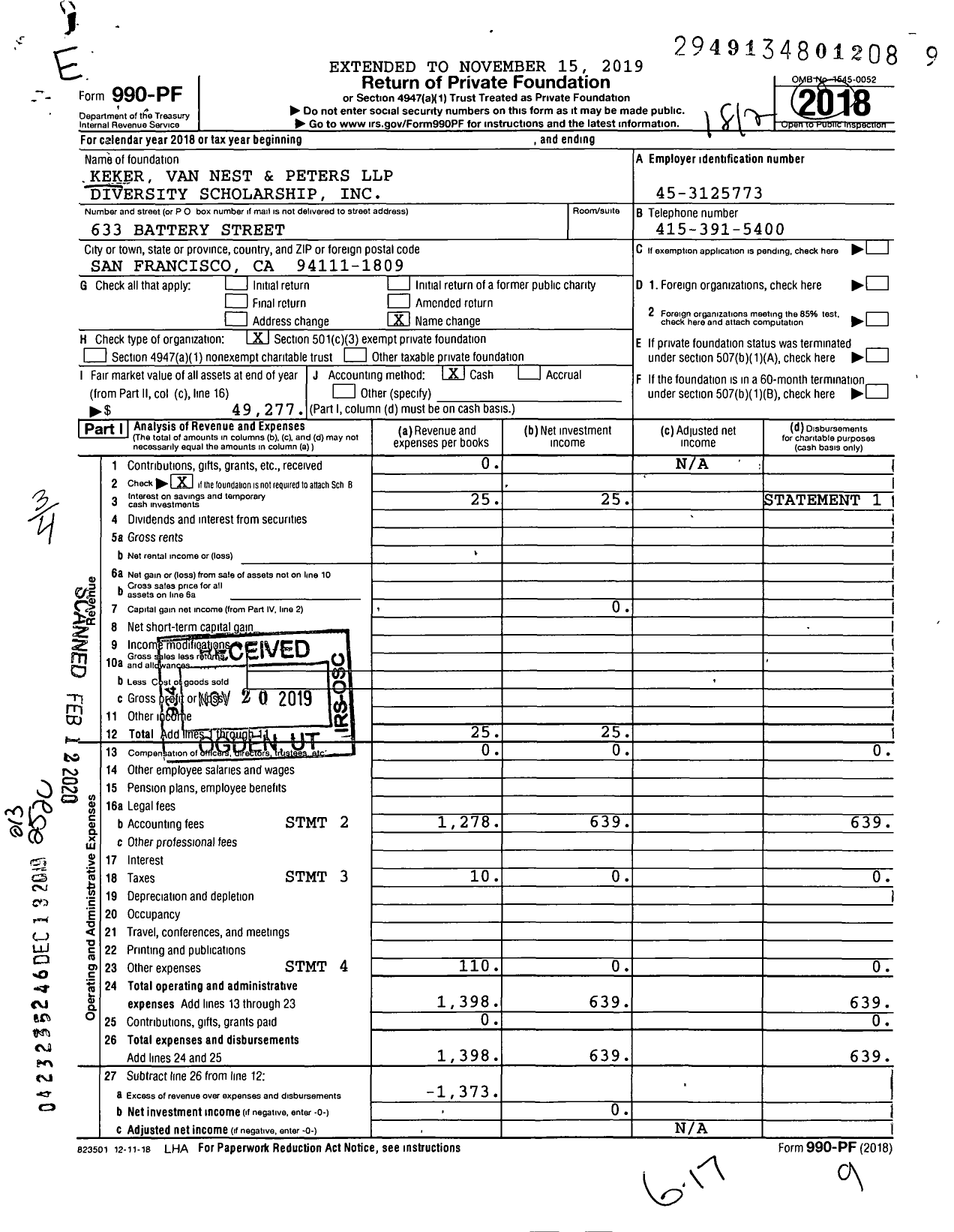 Image of first page of 2018 Form 990PF for Keker Van Nest and Peters LLP Diversity Scholarship