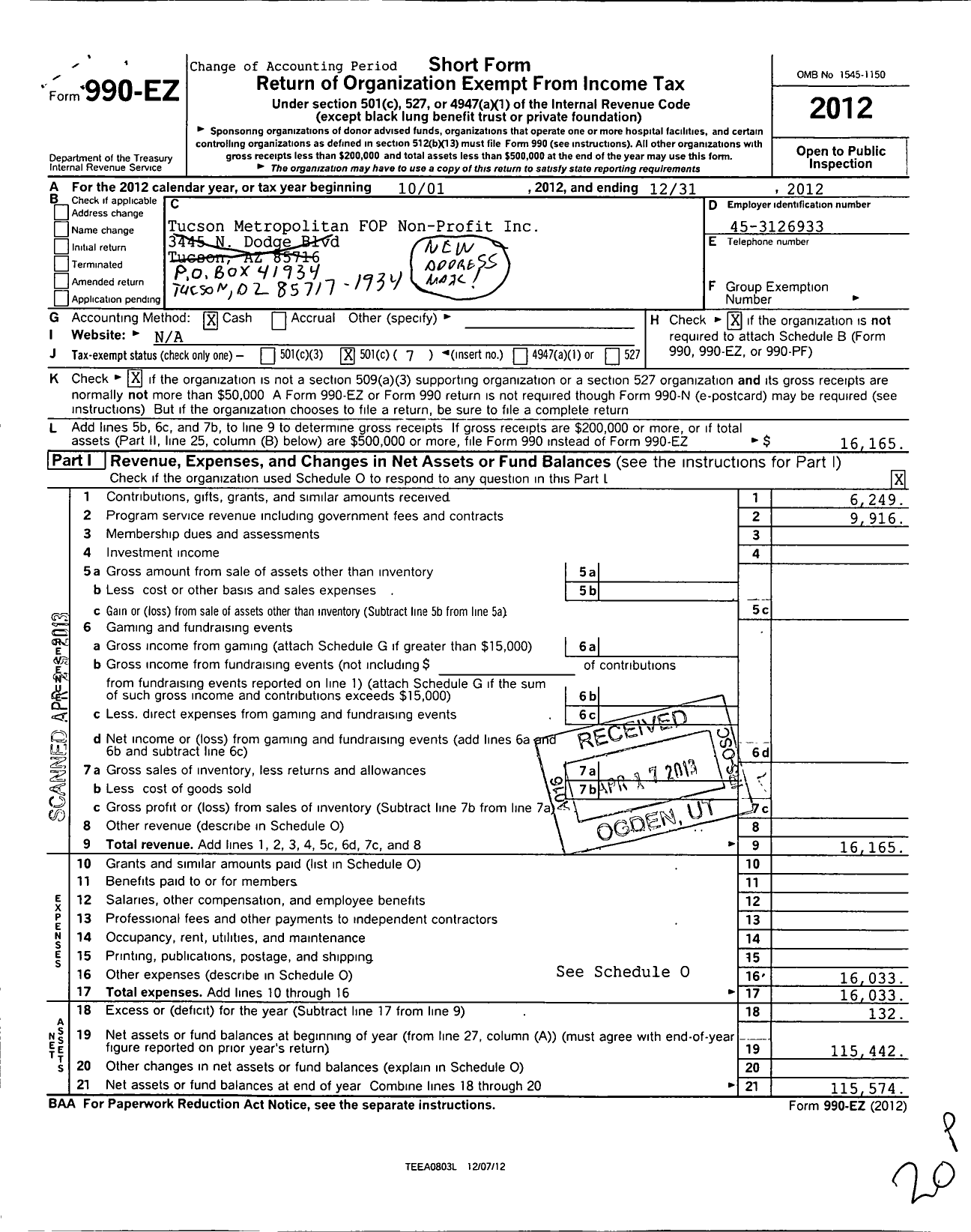 Image of first page of 2012 Form 990EO for Tucson Metropolitan Fop Non-Profit