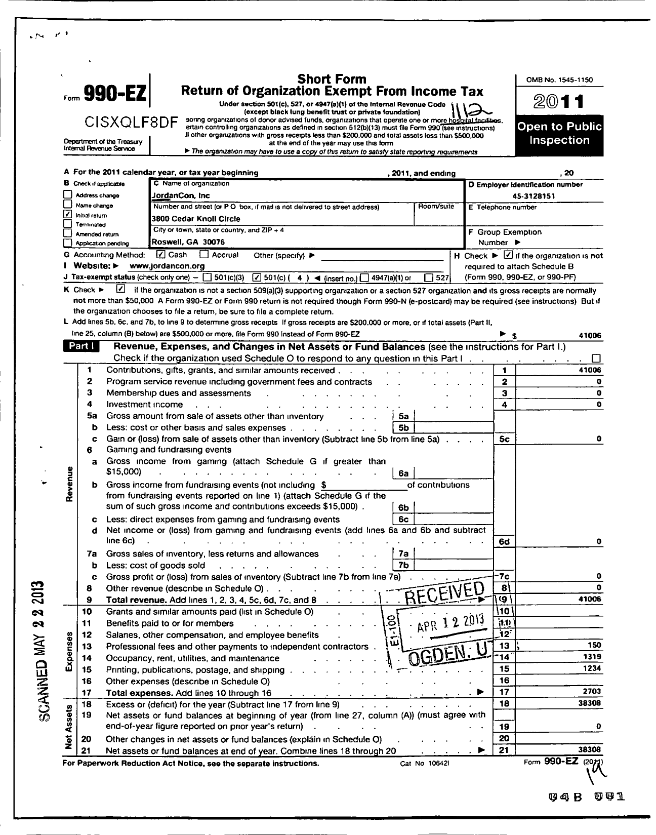 Image of first page of 2011 Form 990EO for JordanCon