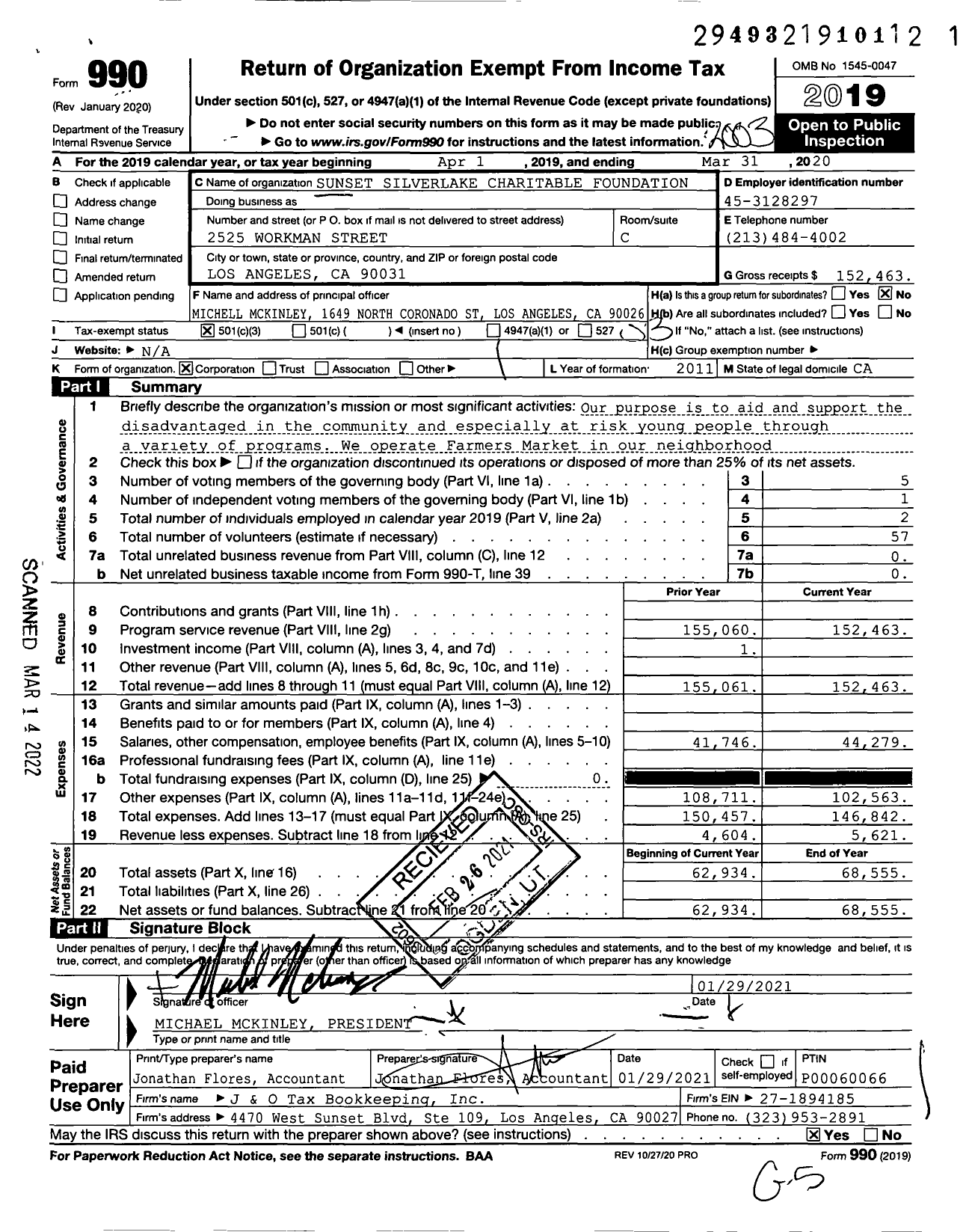 Image of first page of 2019 Form 990 for Sunset Silverlake Charitable Foundation