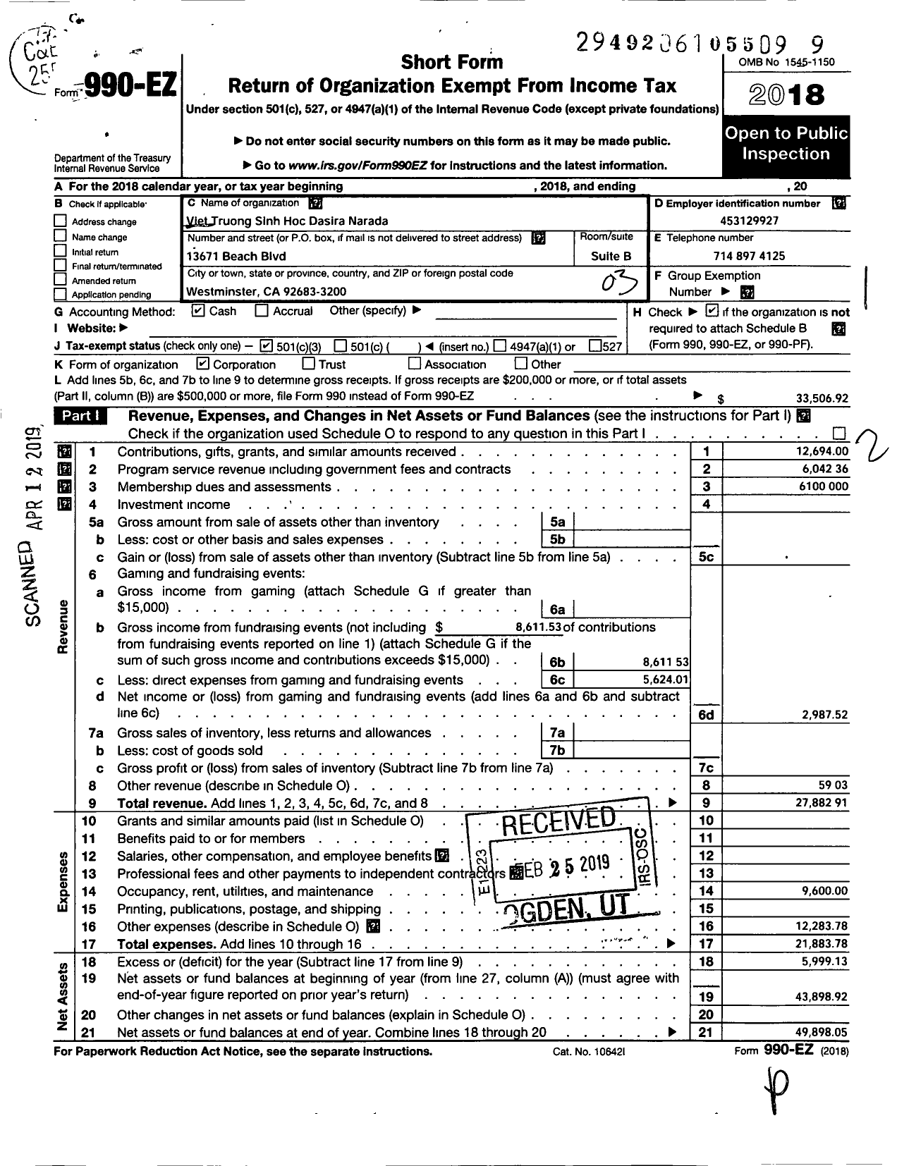 Image of first page of 2018 Form 990EZ for Vien Truong Sinh Hoc Dasira Narada