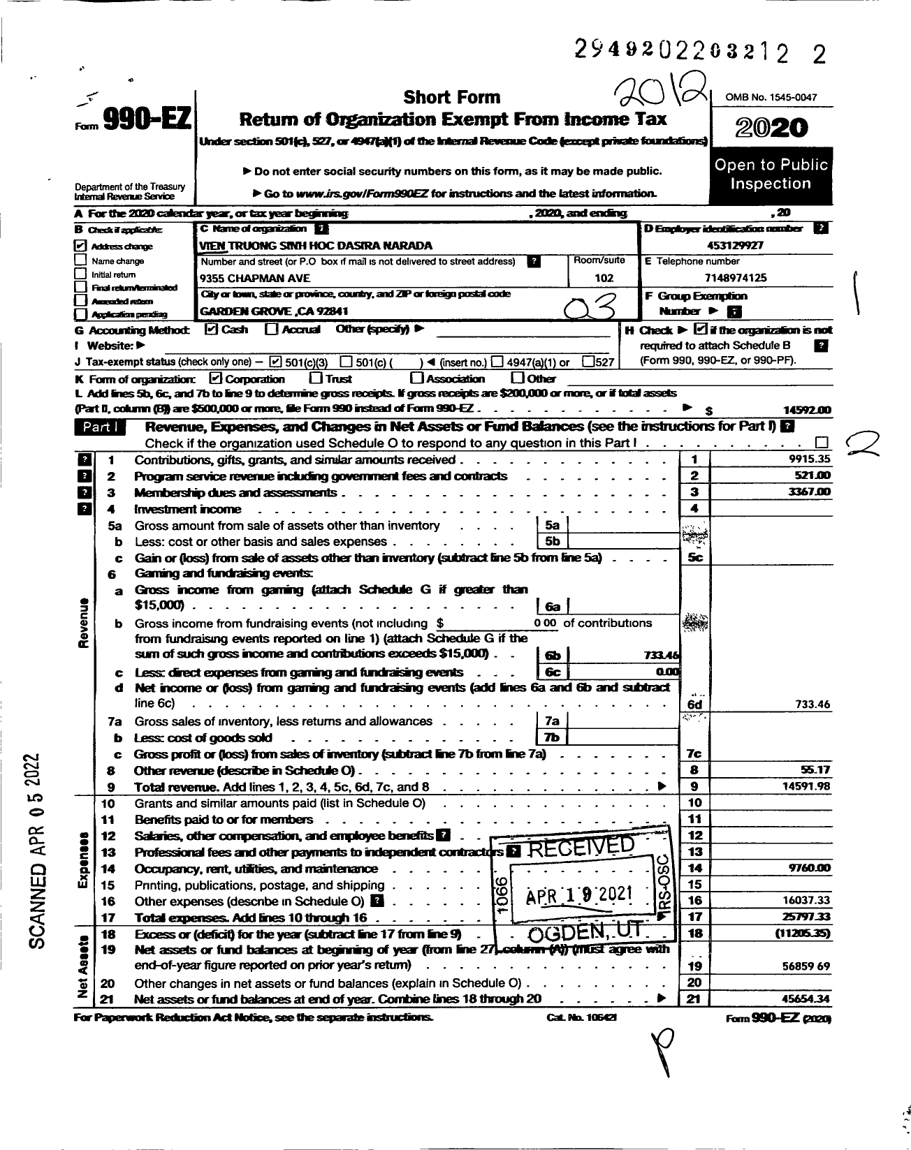 Image of first page of 2020 Form 990EZ for Vien Truong Sinh Hoc Dasira Narada