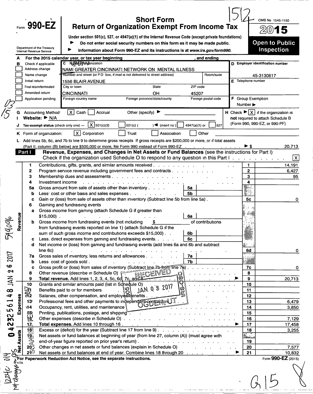 Image of first page of 2015 Form 990EZ for Nami Urban Greater Cincinnati Network on Mental Illness