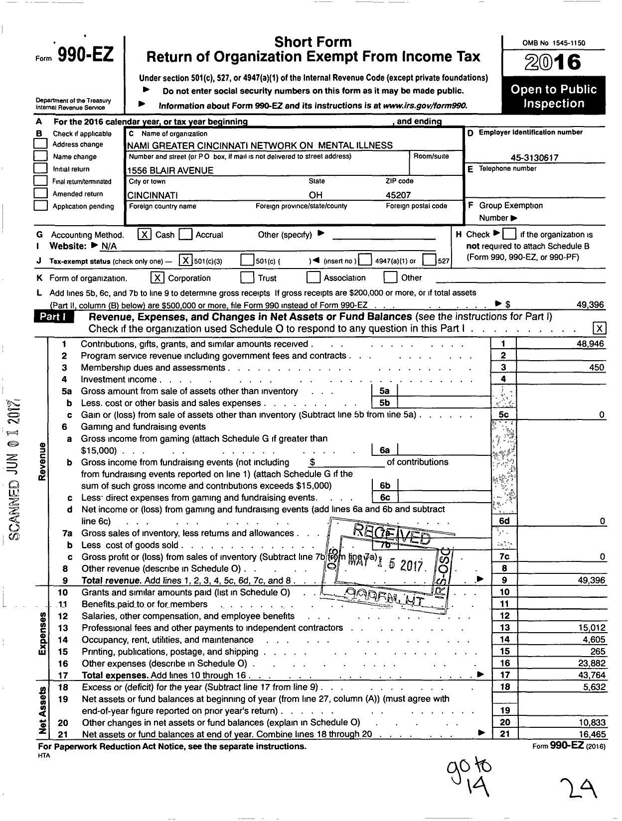 Image of first page of 2016 Form 990EZ for Nami Urban Greater Cincinnati Network on Mental Illness