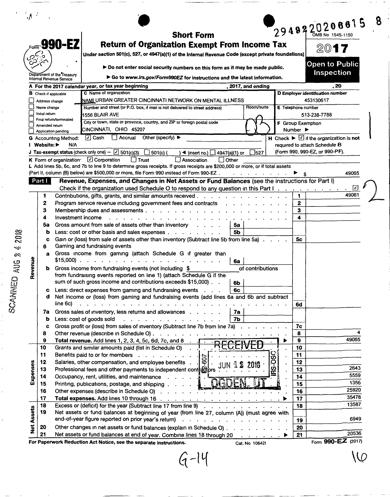 Image of first page of 2017 Form 990EZ for Nami Urban Greater Cincinnati Network on Mental Illness